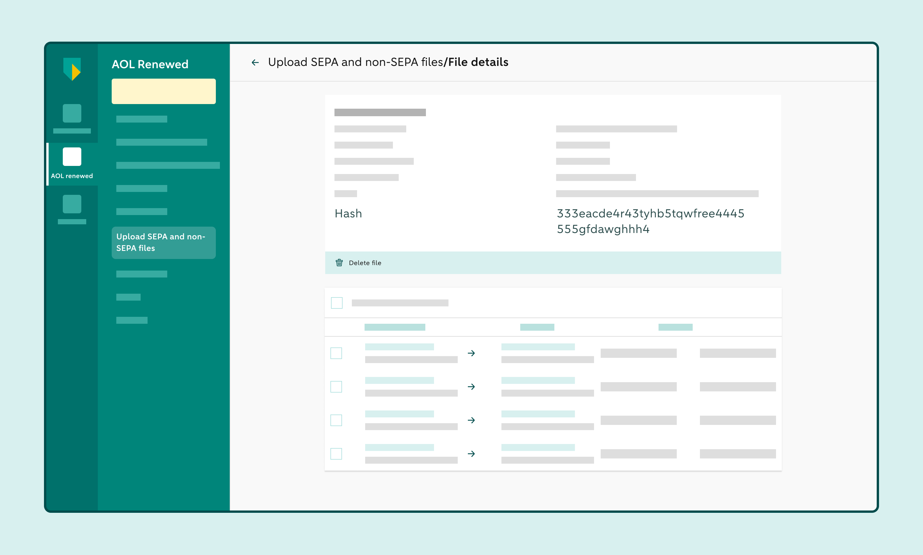 File details of a payment file, including the hash and related transactions.