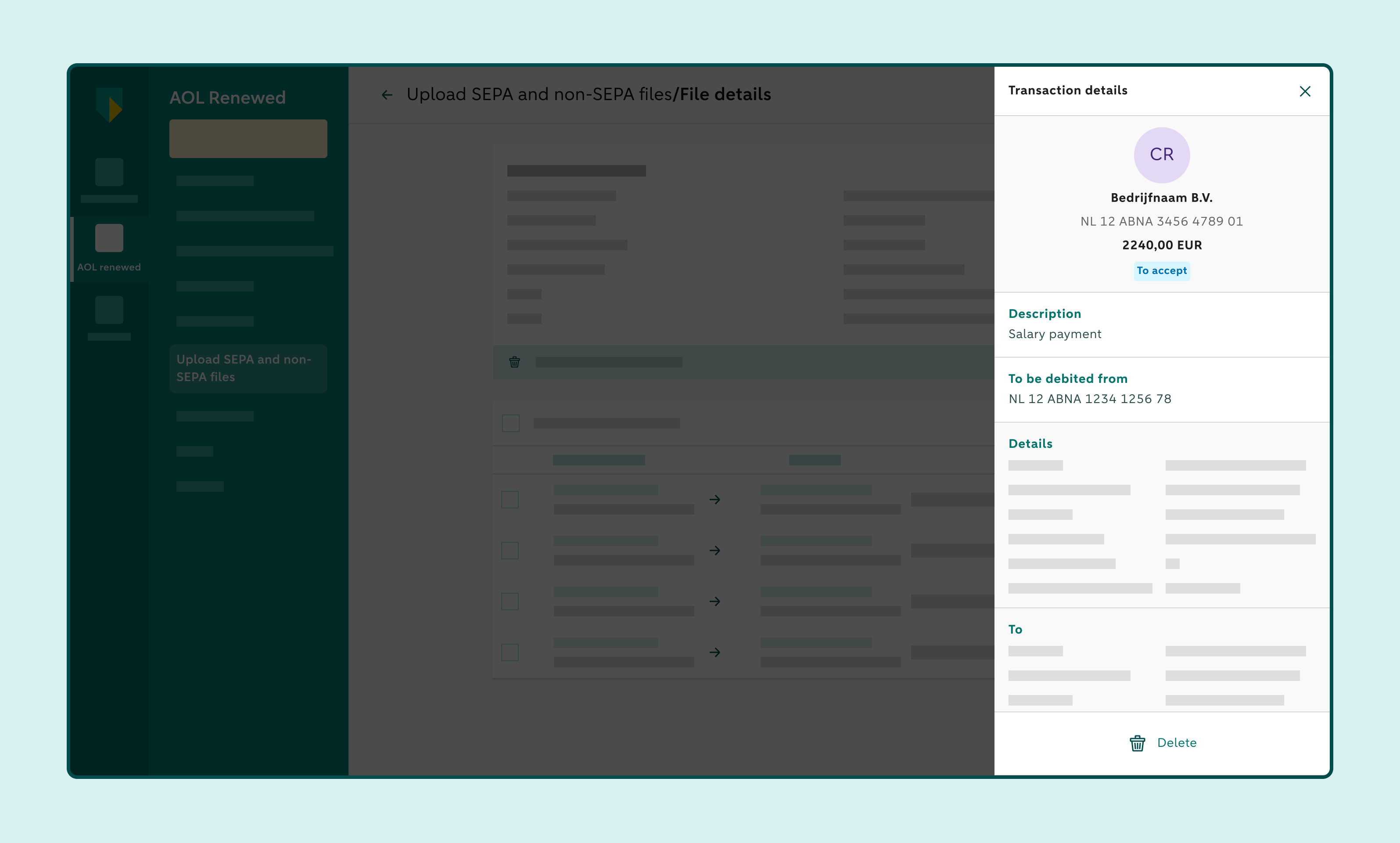 Details of a selected transaction, displayed in the right-hand panel.