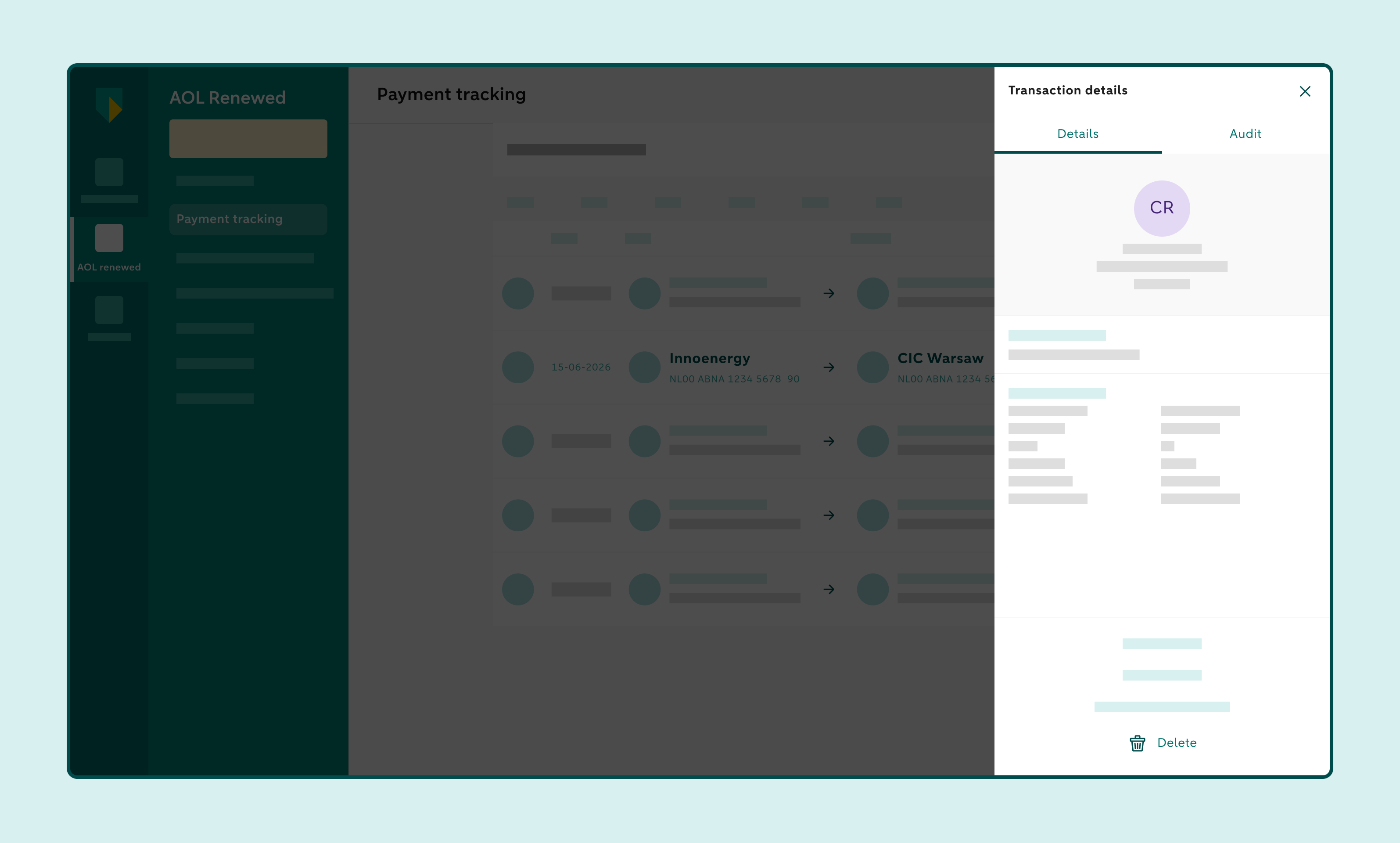Details of the selected credit transfer with the Delete option.