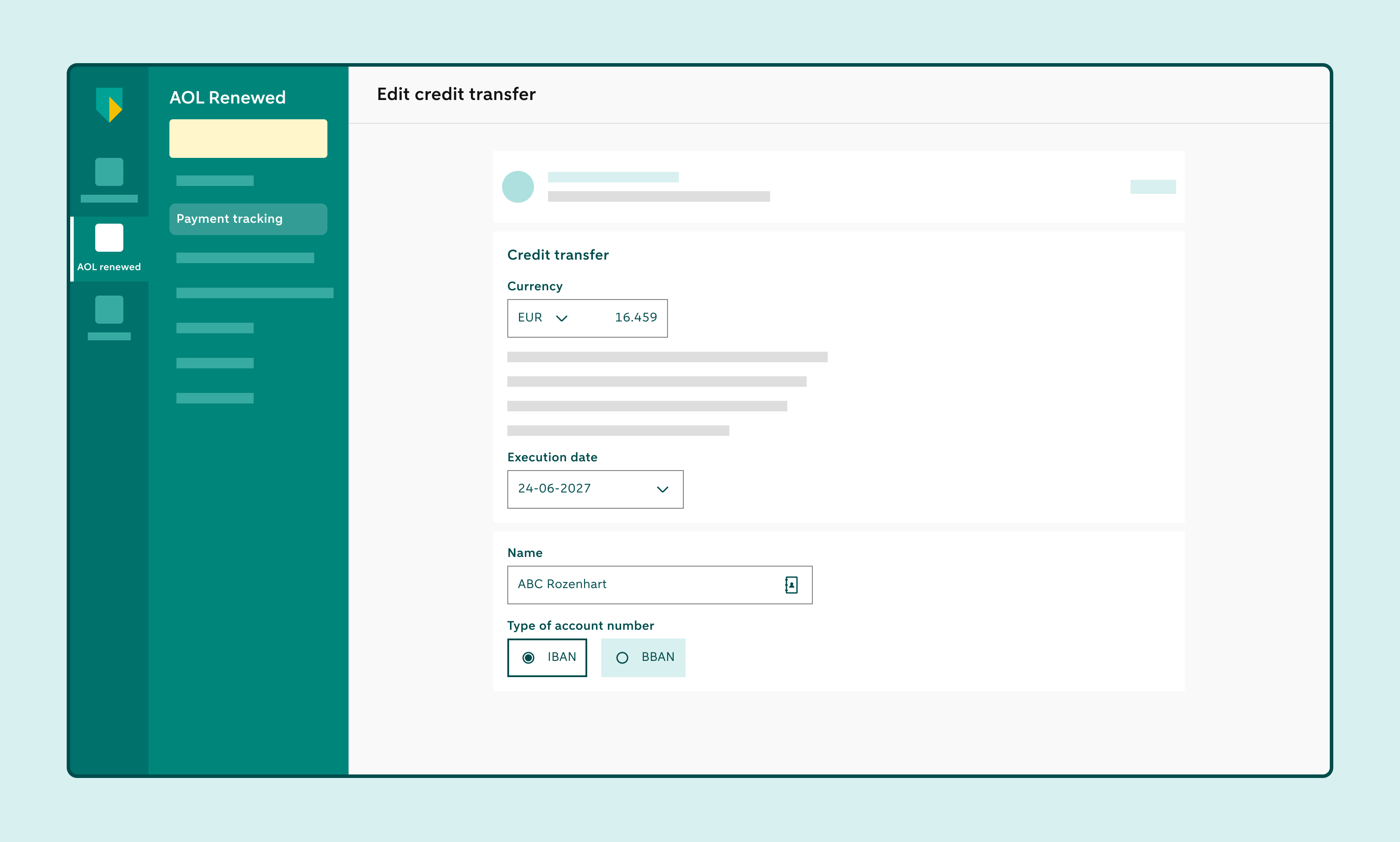 Edit credit transfer screen where the credit transfer details can be amended.