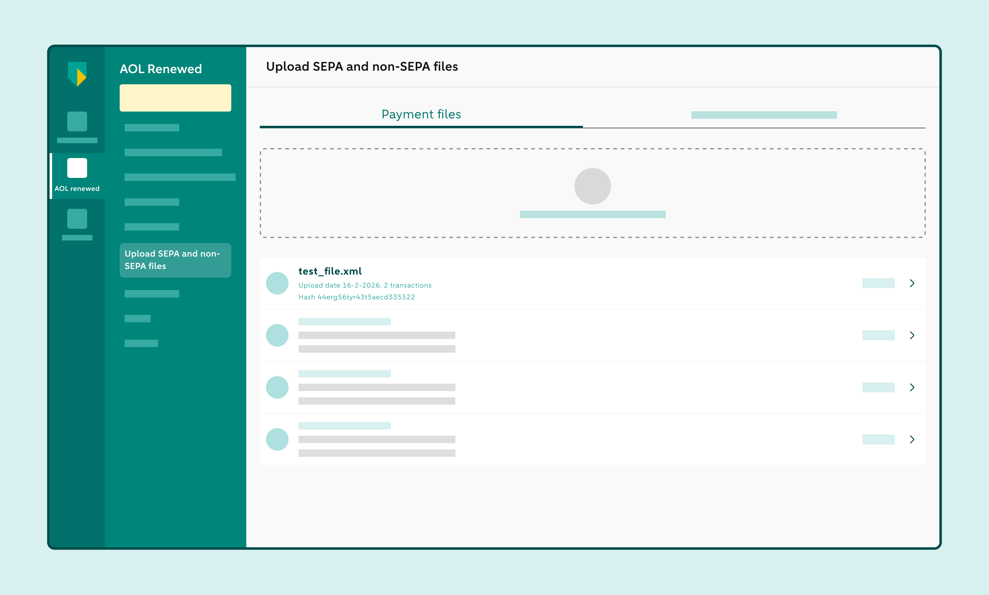 Overview of uploaded payment files with a selected payment file.