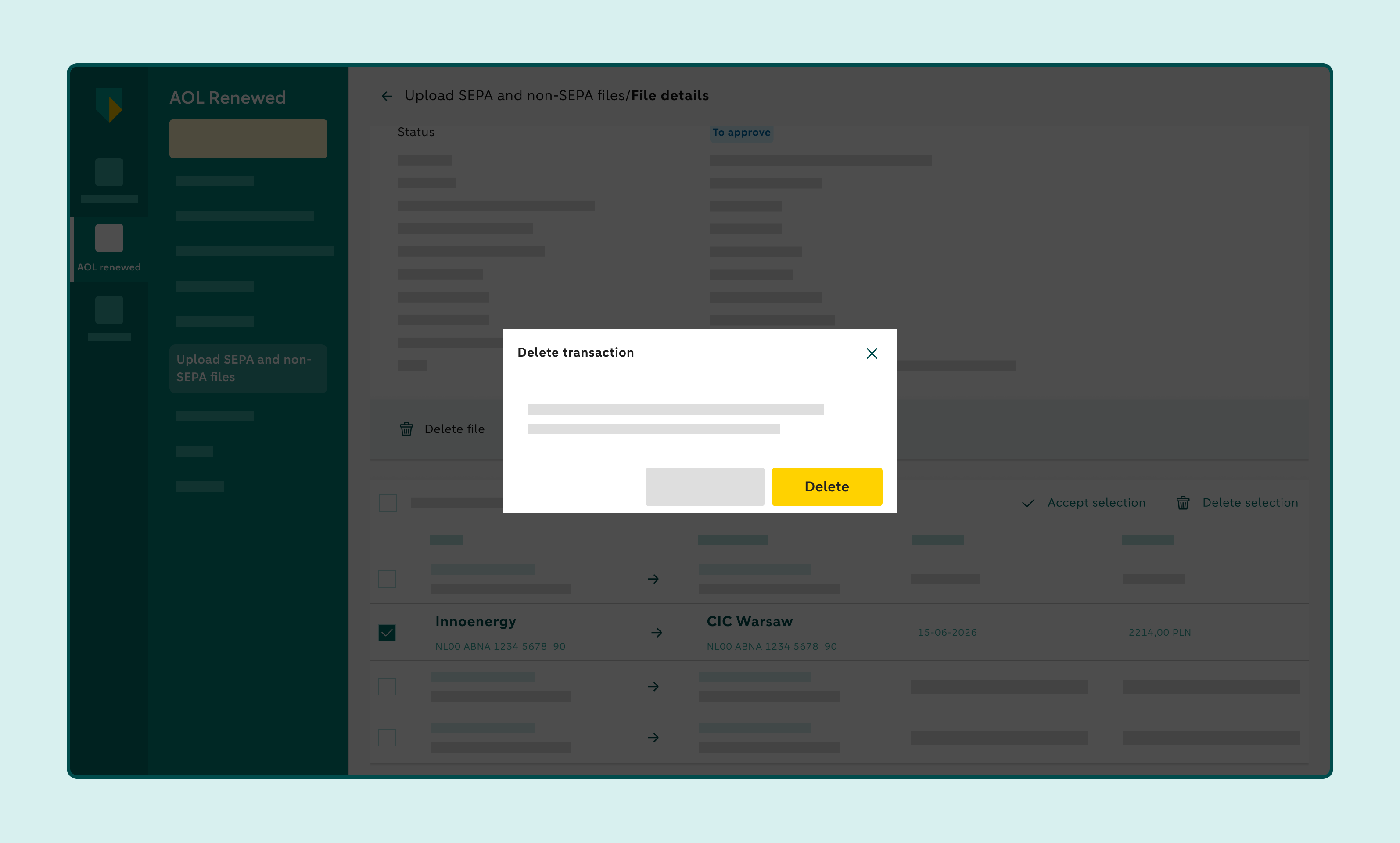 Confirmation window for deleting a payment order from a payment file.