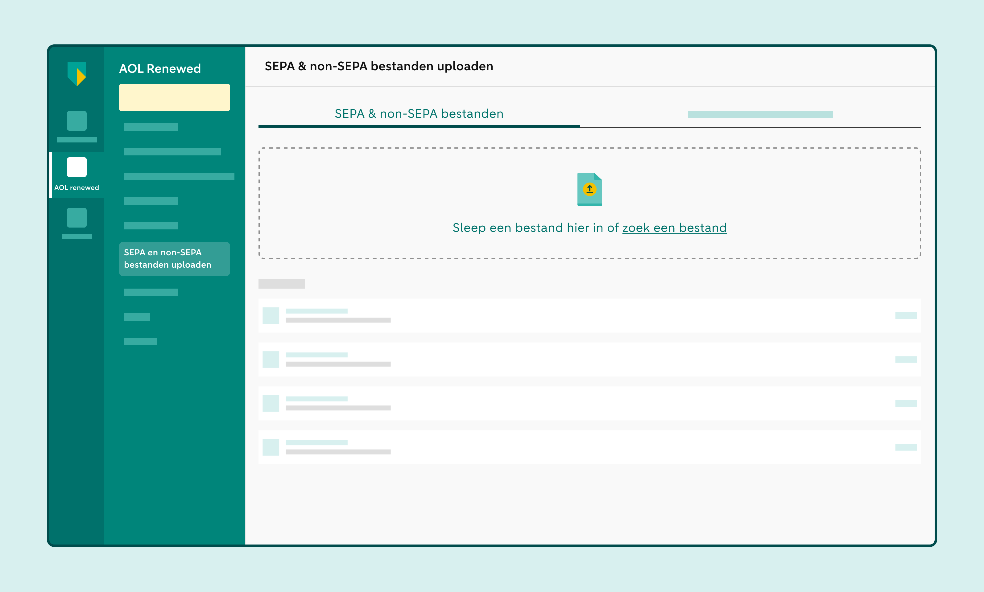 Scherm voor het uploaden van SEPA en non-SEPA bestanden in AOL Renewed met optie om een bestand te slepen of te selecteren.