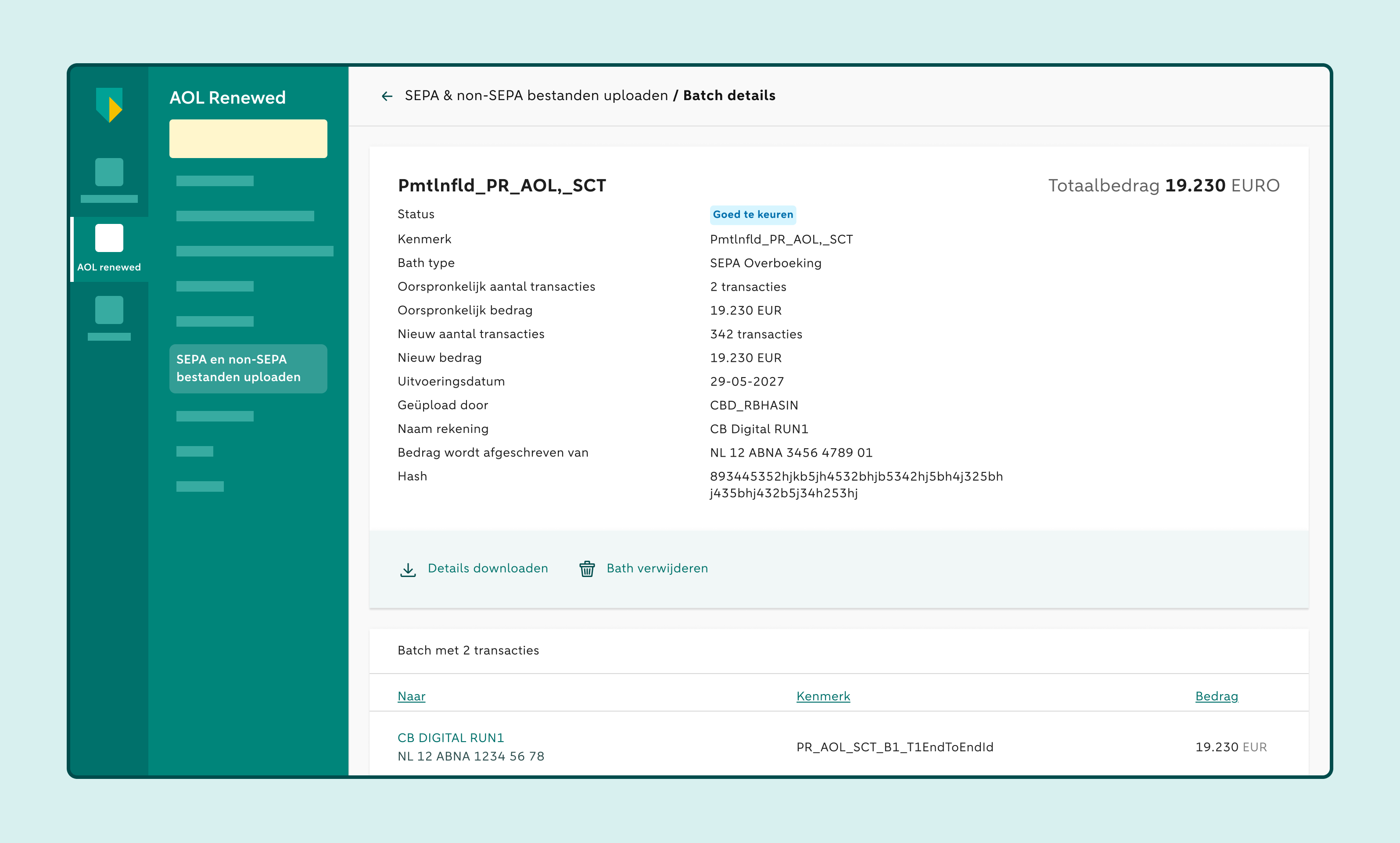 Detailscherm van een batch met de status 'Goed te keuren' en opties om de details te downloaden of de batch te verwijderen.
