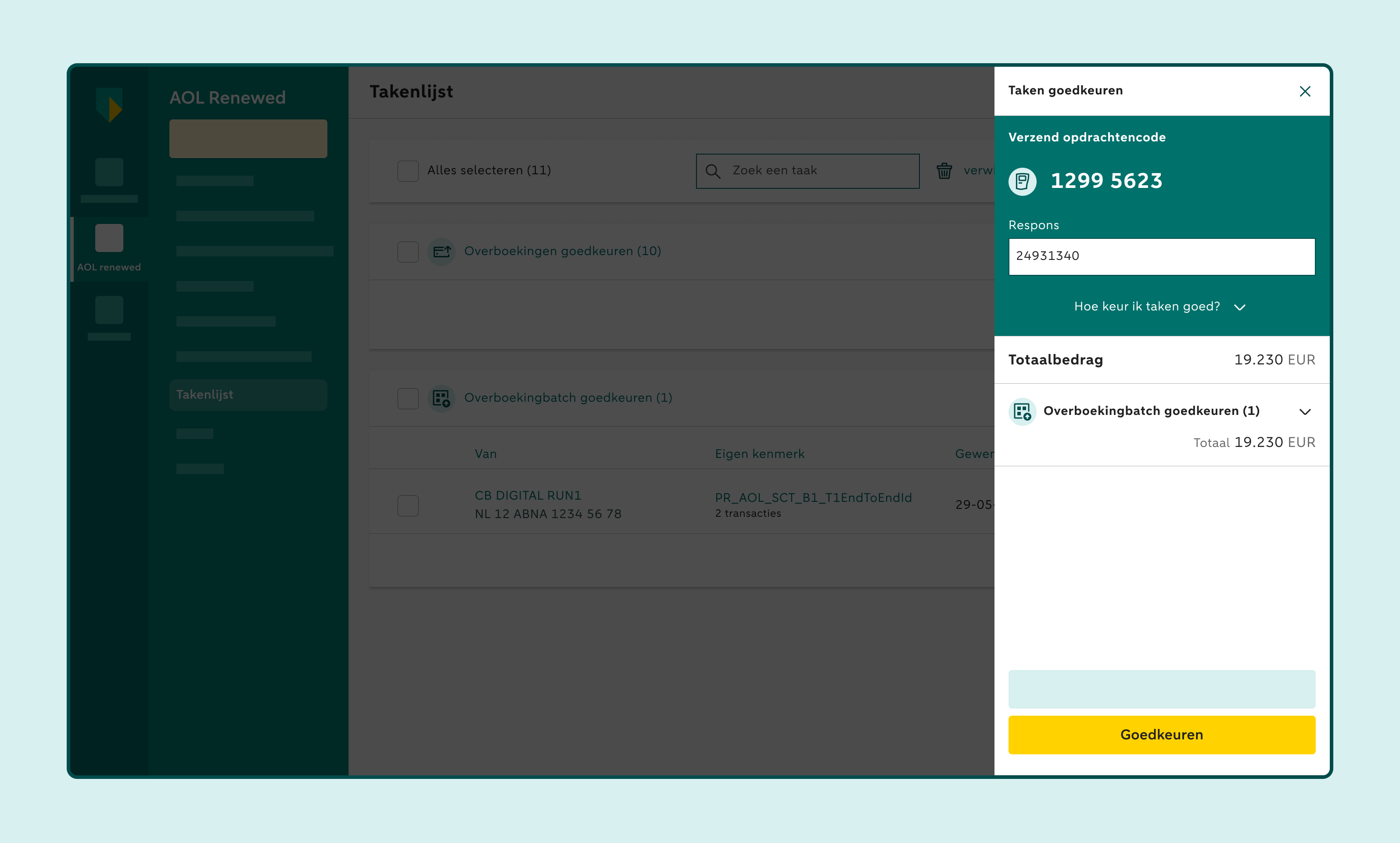 Scherm voor het goedkeuren van een batch met verzendopdrachtcode, responscode, totaalbedrag en knop Goedkeuren.