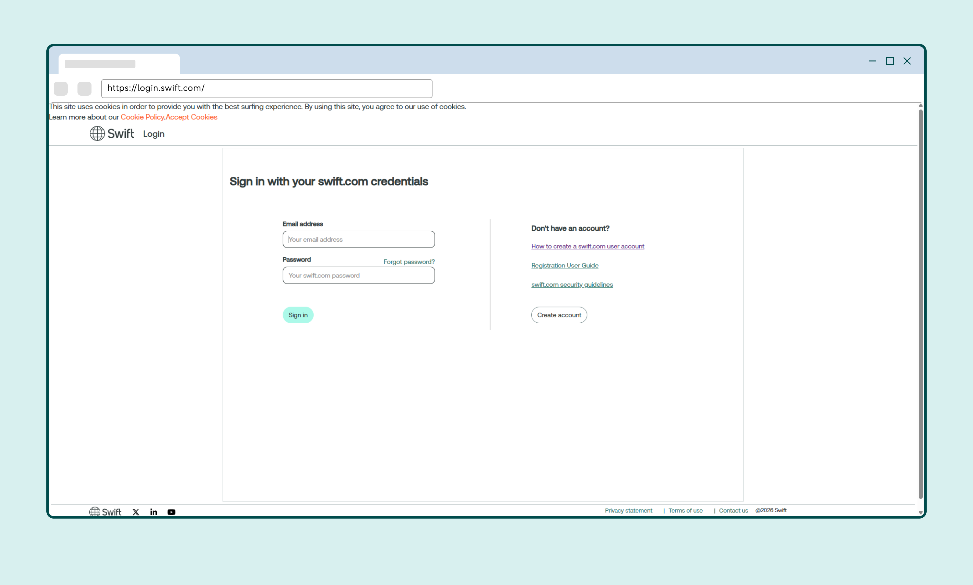 SWIFT login page with the option to create a new account.