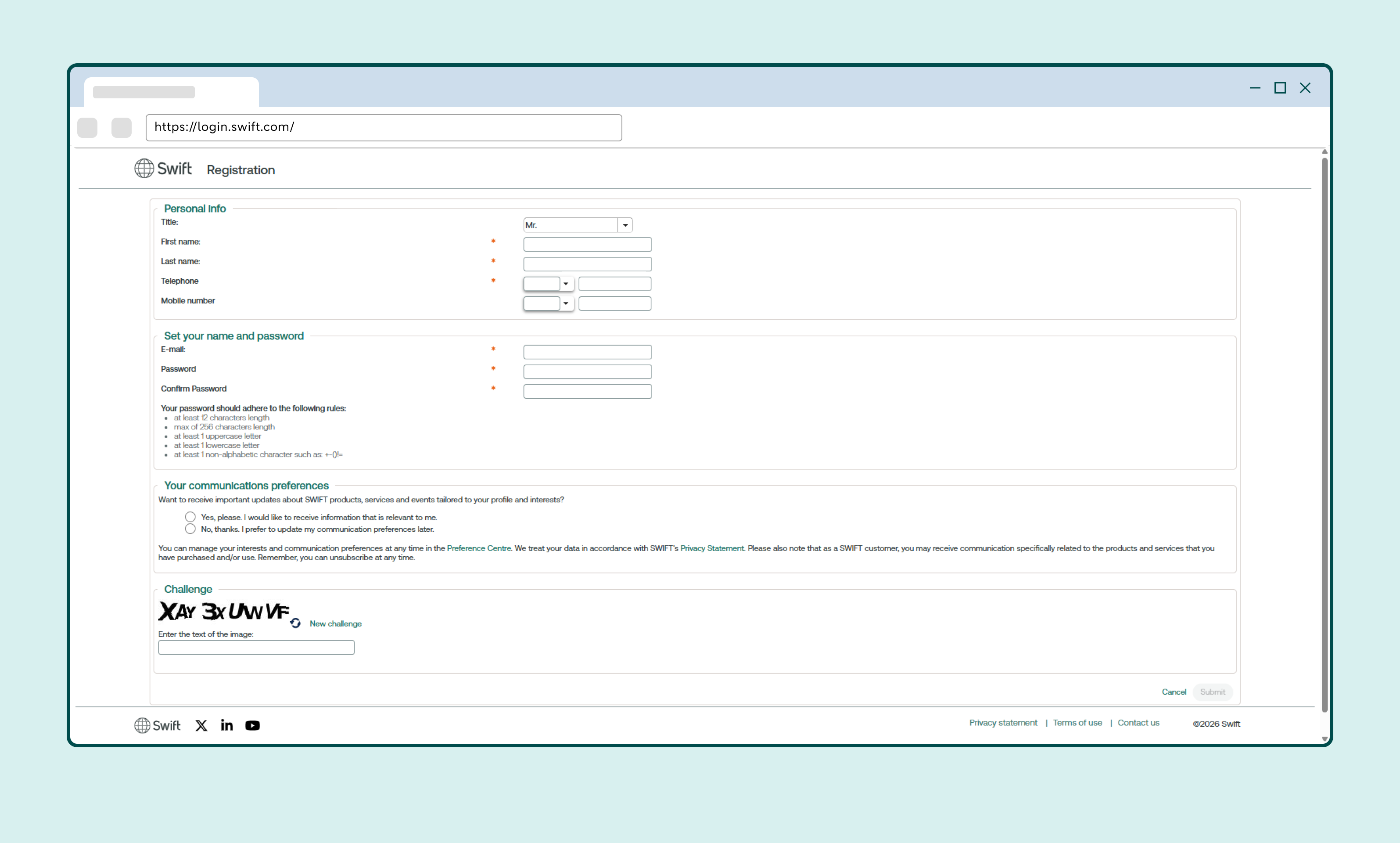 Registration form for creating a SWIFT account.