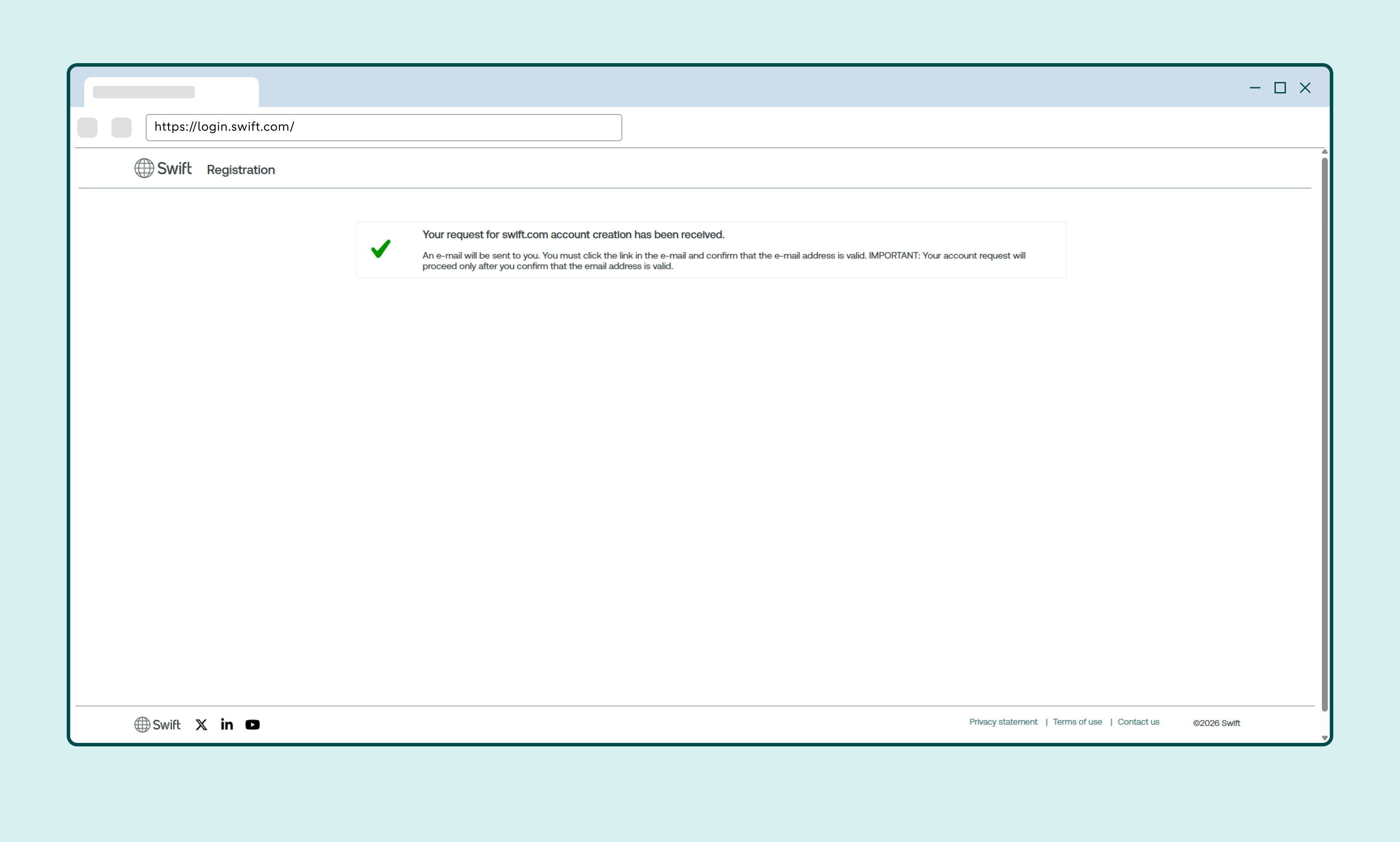 Confirmation page showing that the request for a SWIFT account has been received.