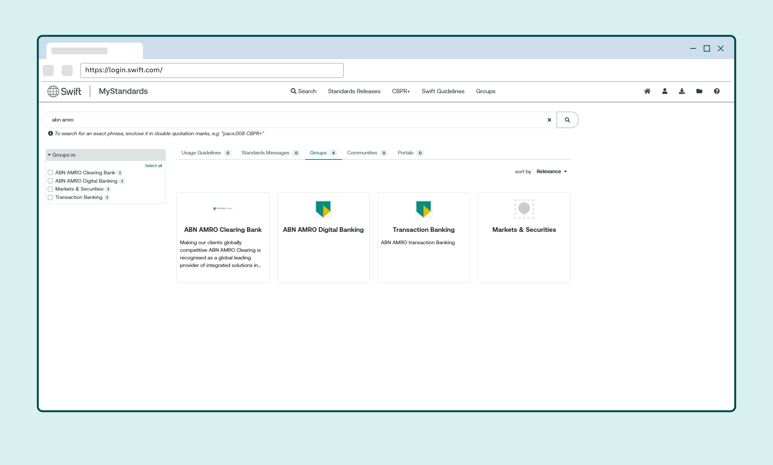 Search results in MyStandards for ABN AMRO, showing the ABN AMRO Digital Banking and Transaction Banking groups.