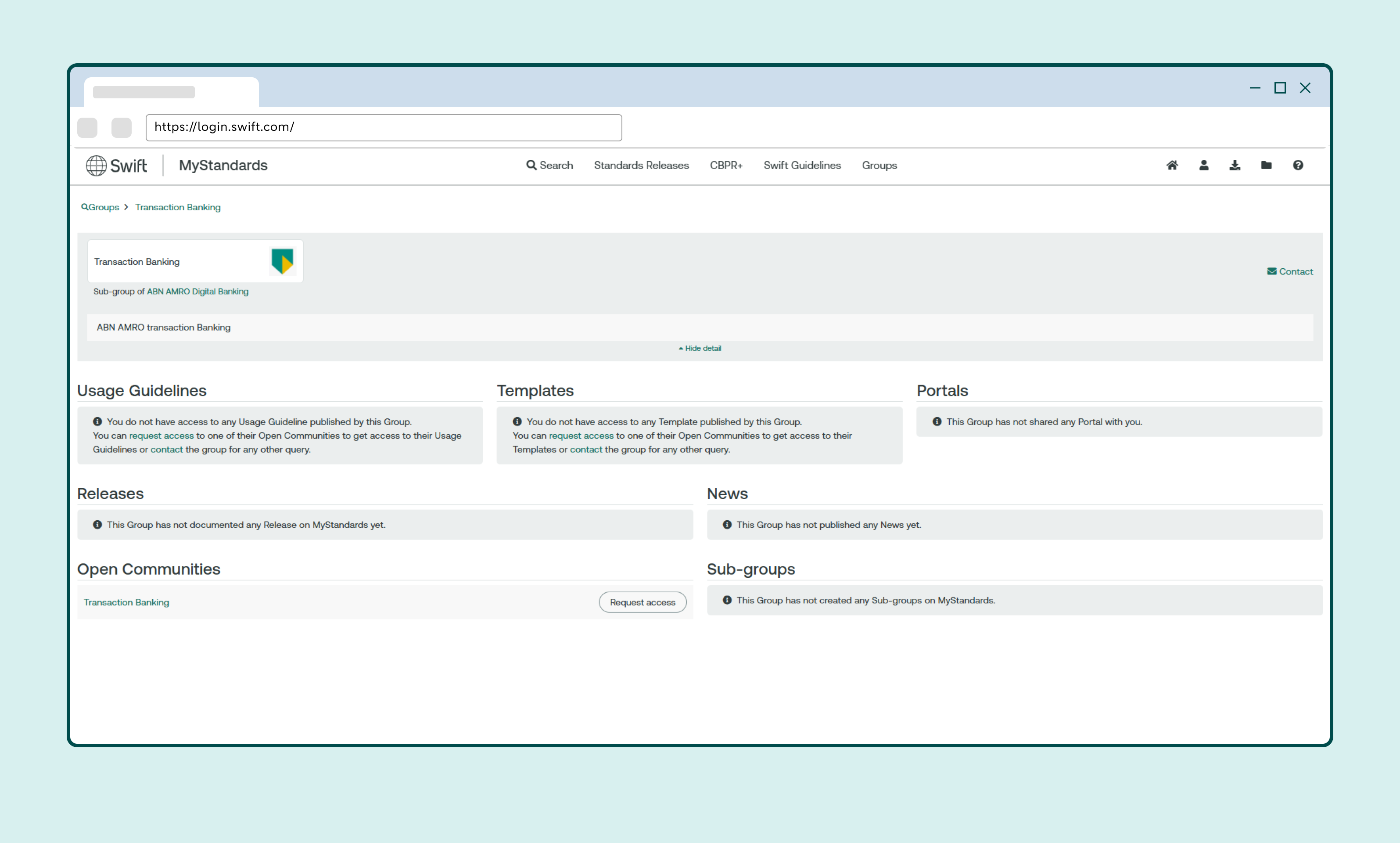 Transaction Banking group page with the Request access button.