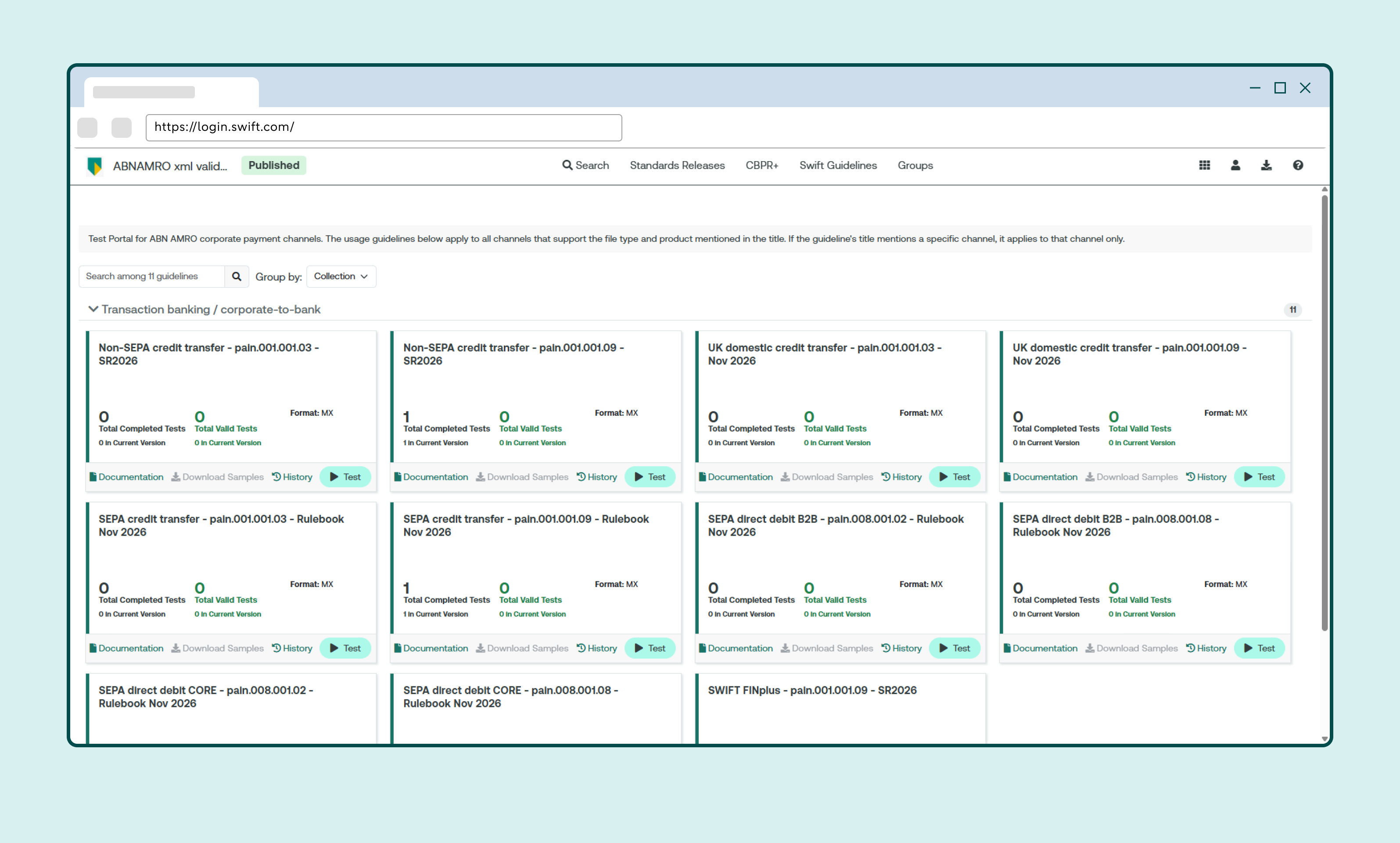 ABN AMRO XML Validation V2 test portal with the validations available for payment files.