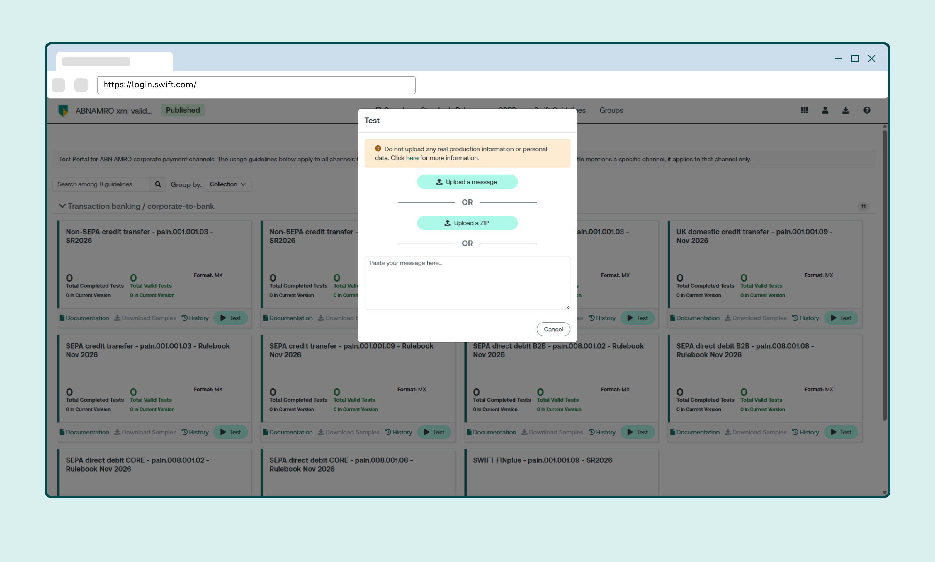 ABN AMRO XML Validation V2 test window with options to upload an XML file or ZIP file.