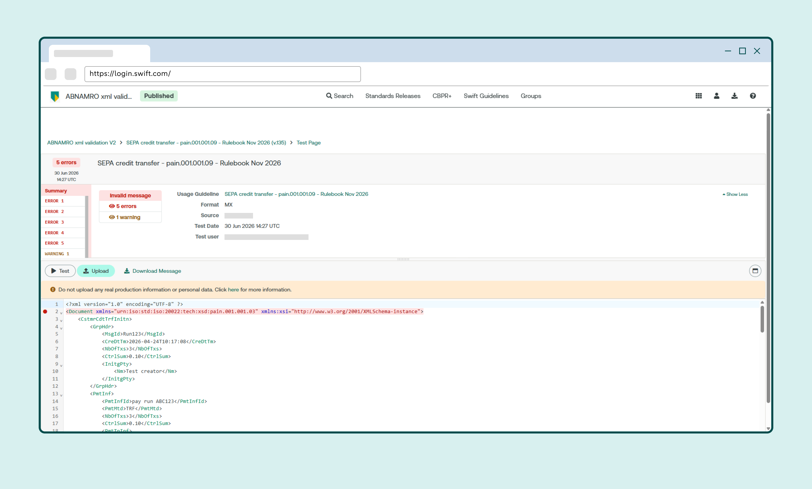 Test results for an XML file, including error messages and explanations of the errors found.