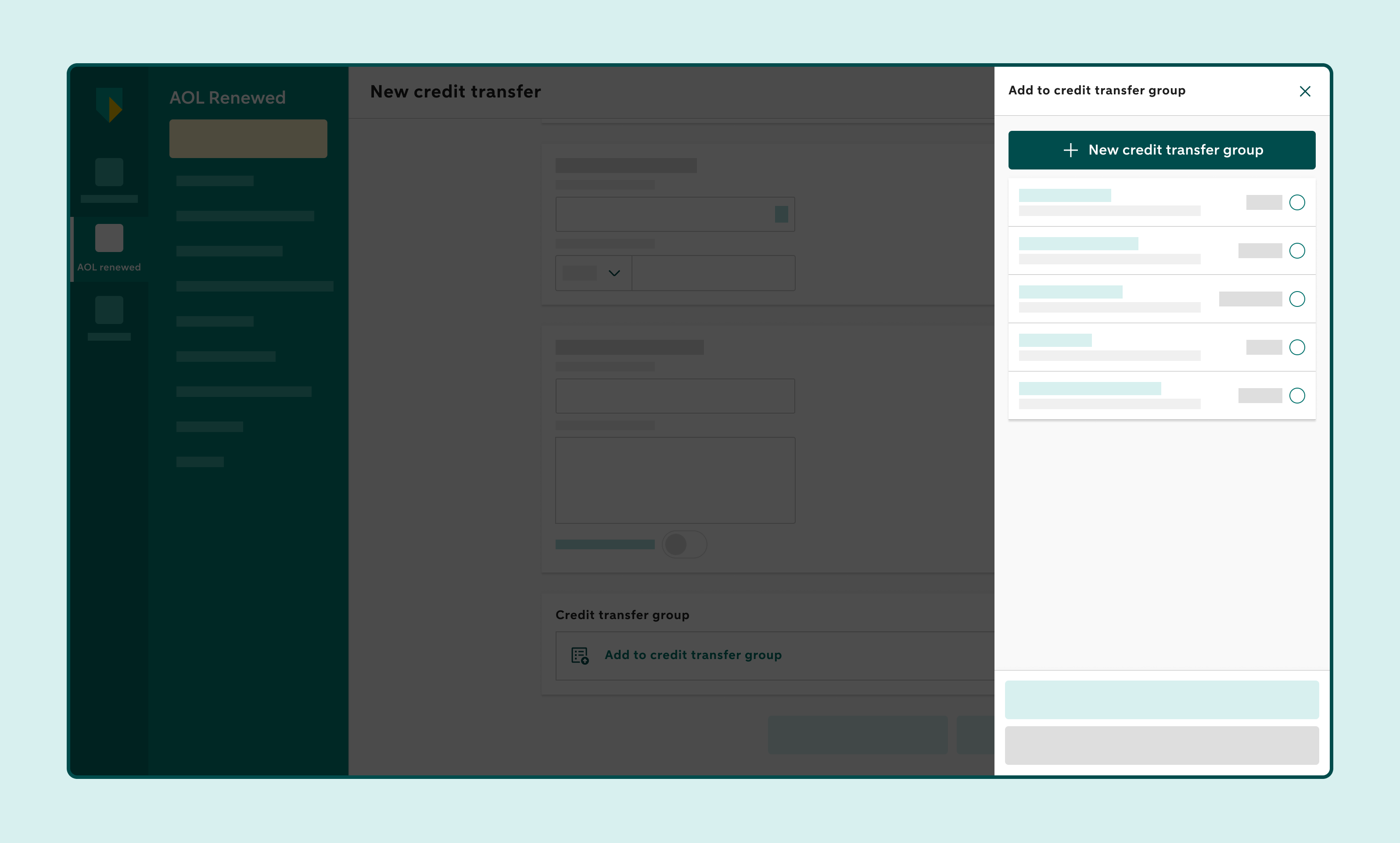 New Credit transfer group panel with the New credit transfer group option.
