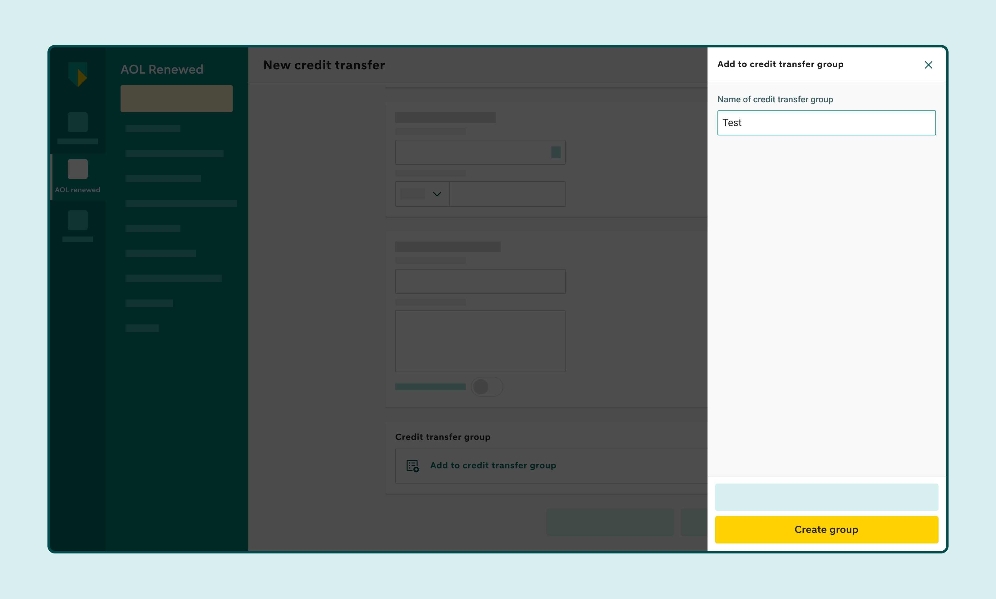 Screen for entering a name for a new credit transfer group.