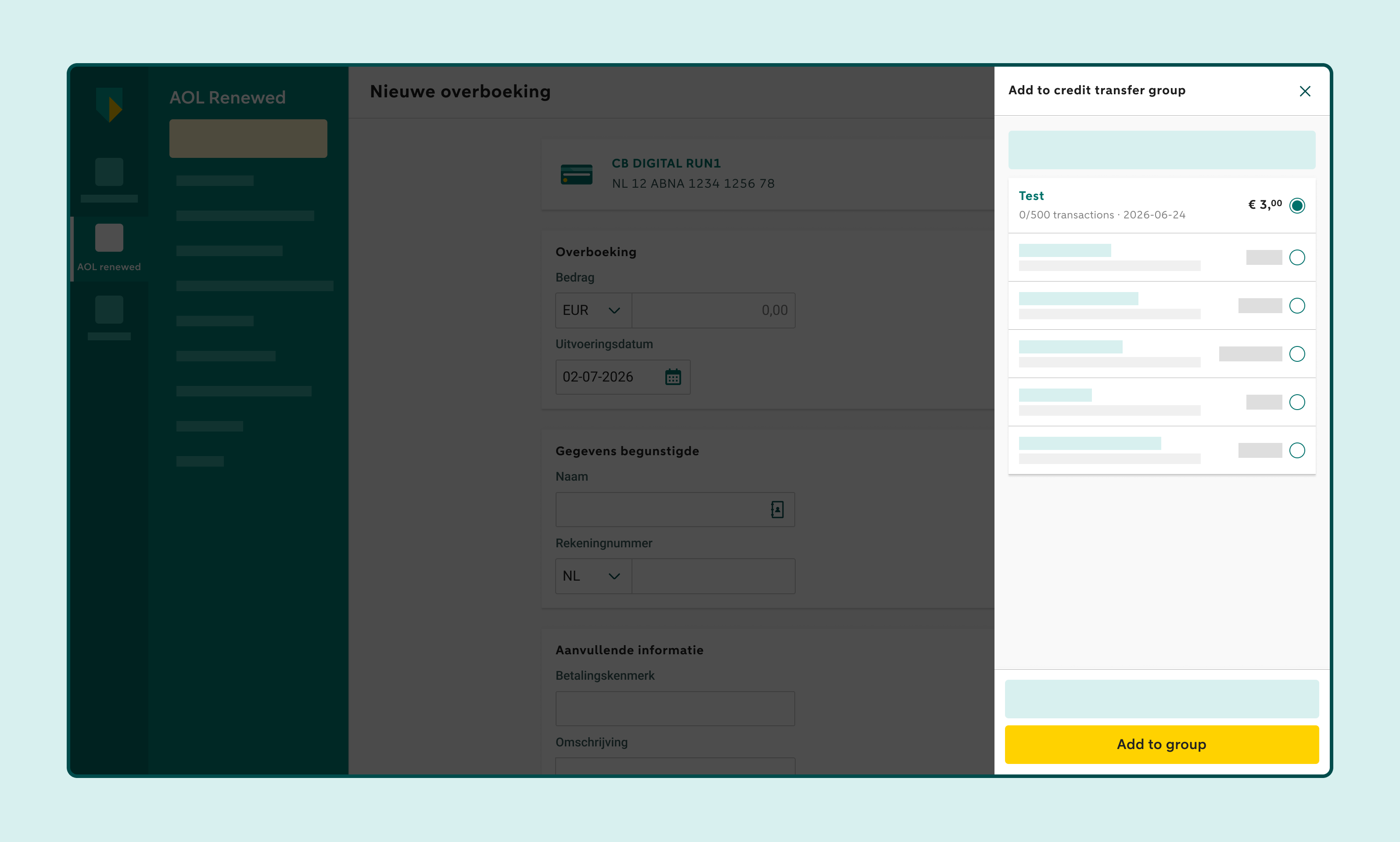 Credit transfer group panel with a selected credit transfer group and the Add to Group option.