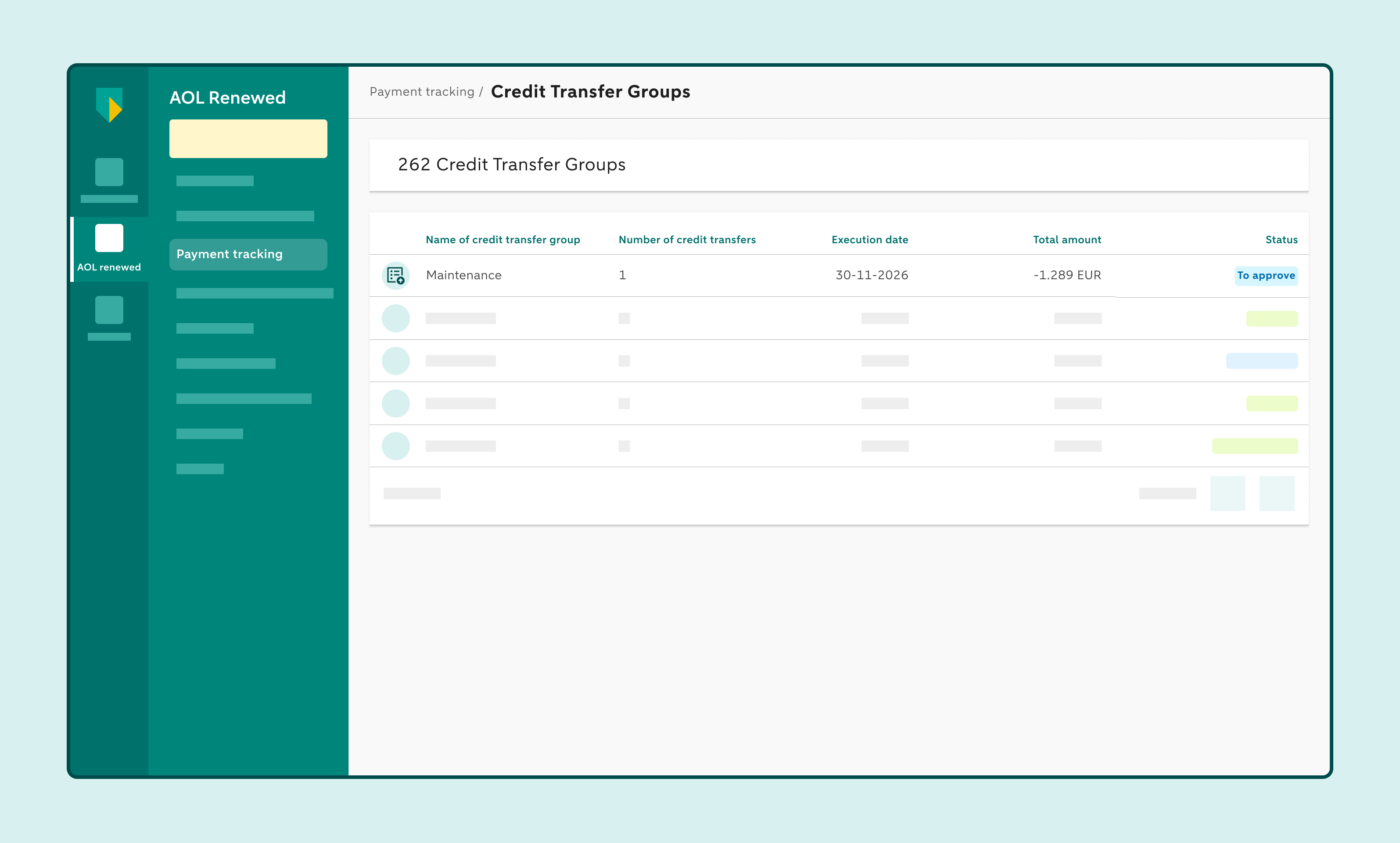 Credit transfer groups overview within Payment tracking with a selected credit transfer group.