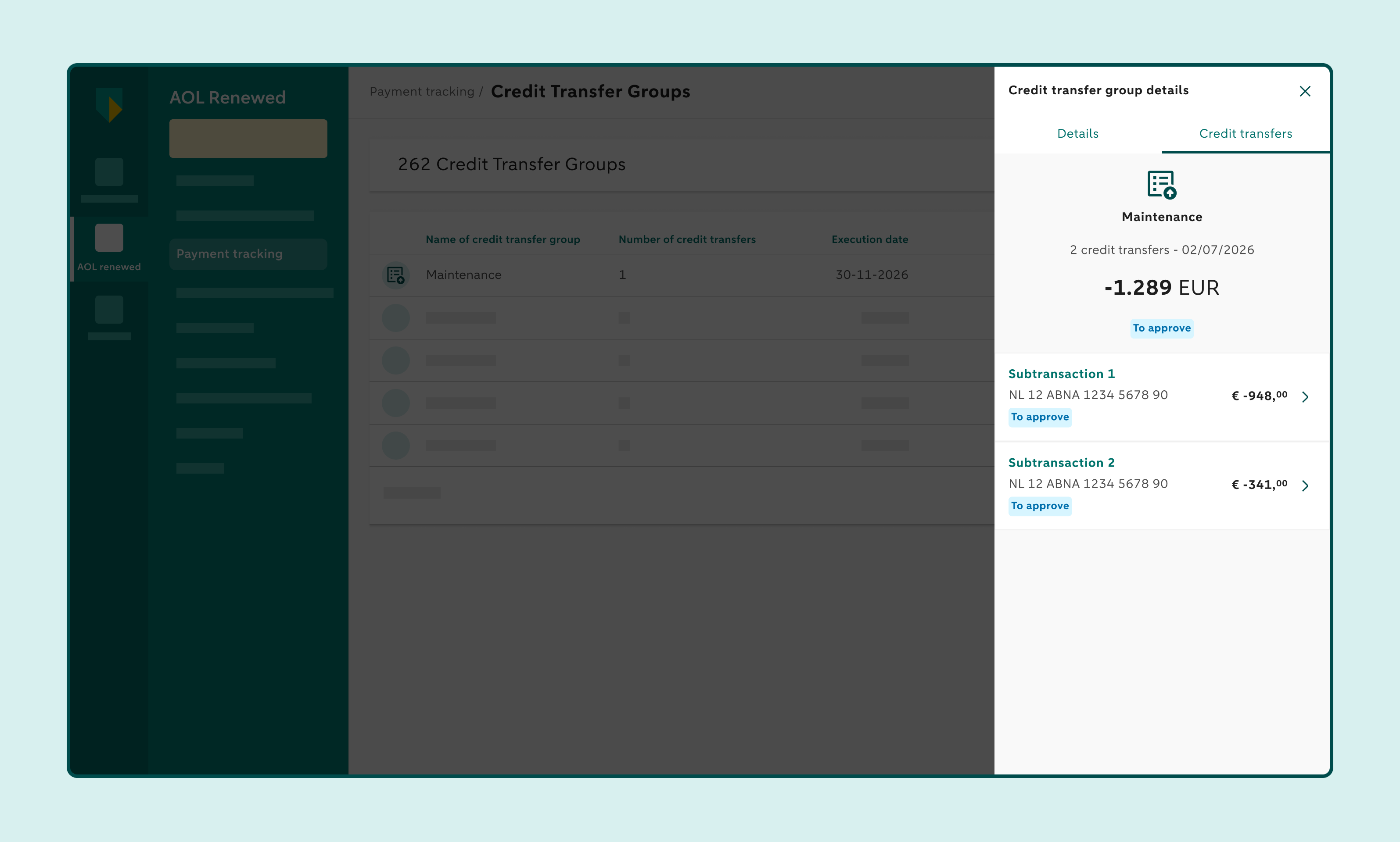 Details of a selected credit transfer group with the Credit transfers tab open.
