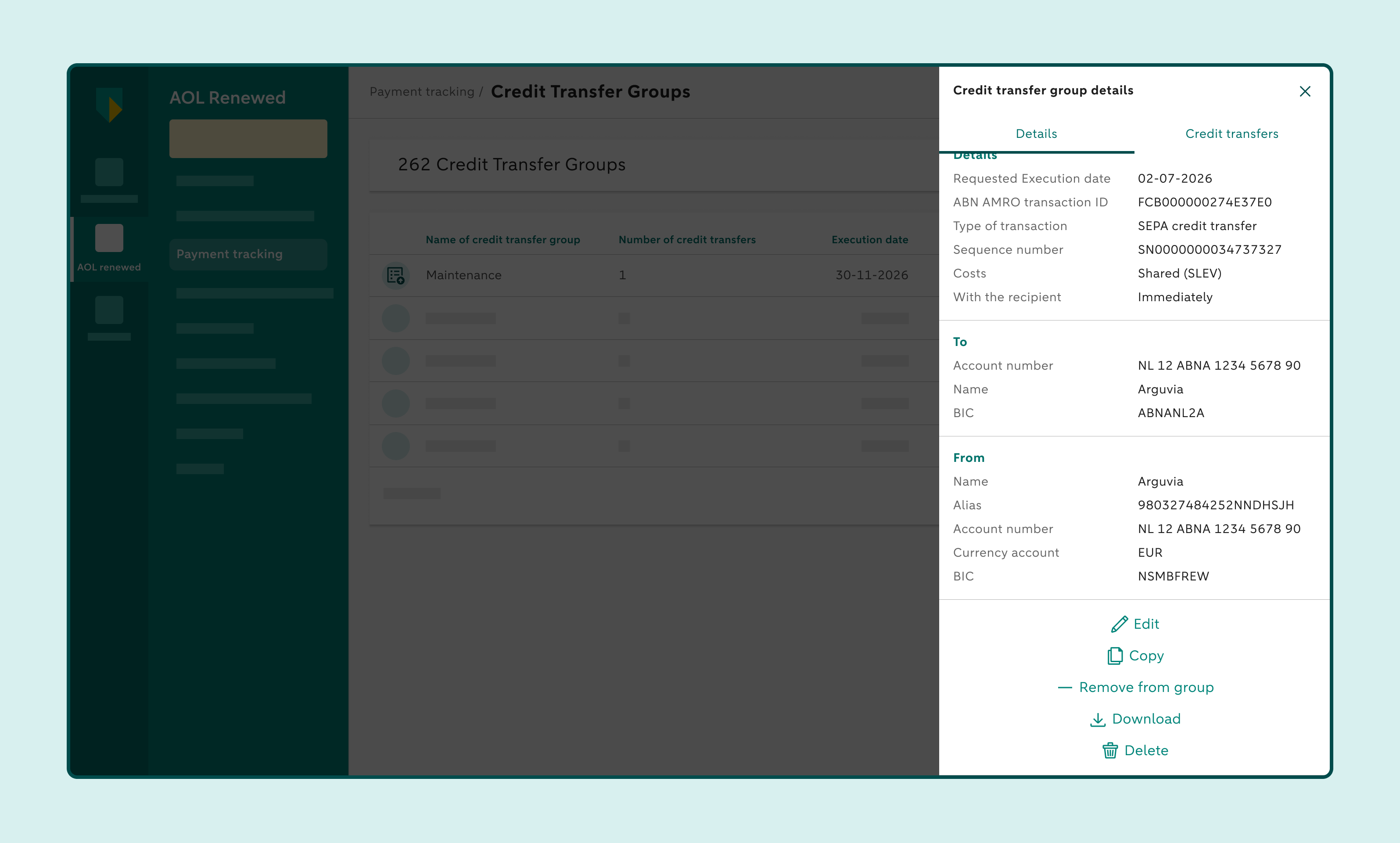 Details of a selected credit transfer with the Remove from Group option.