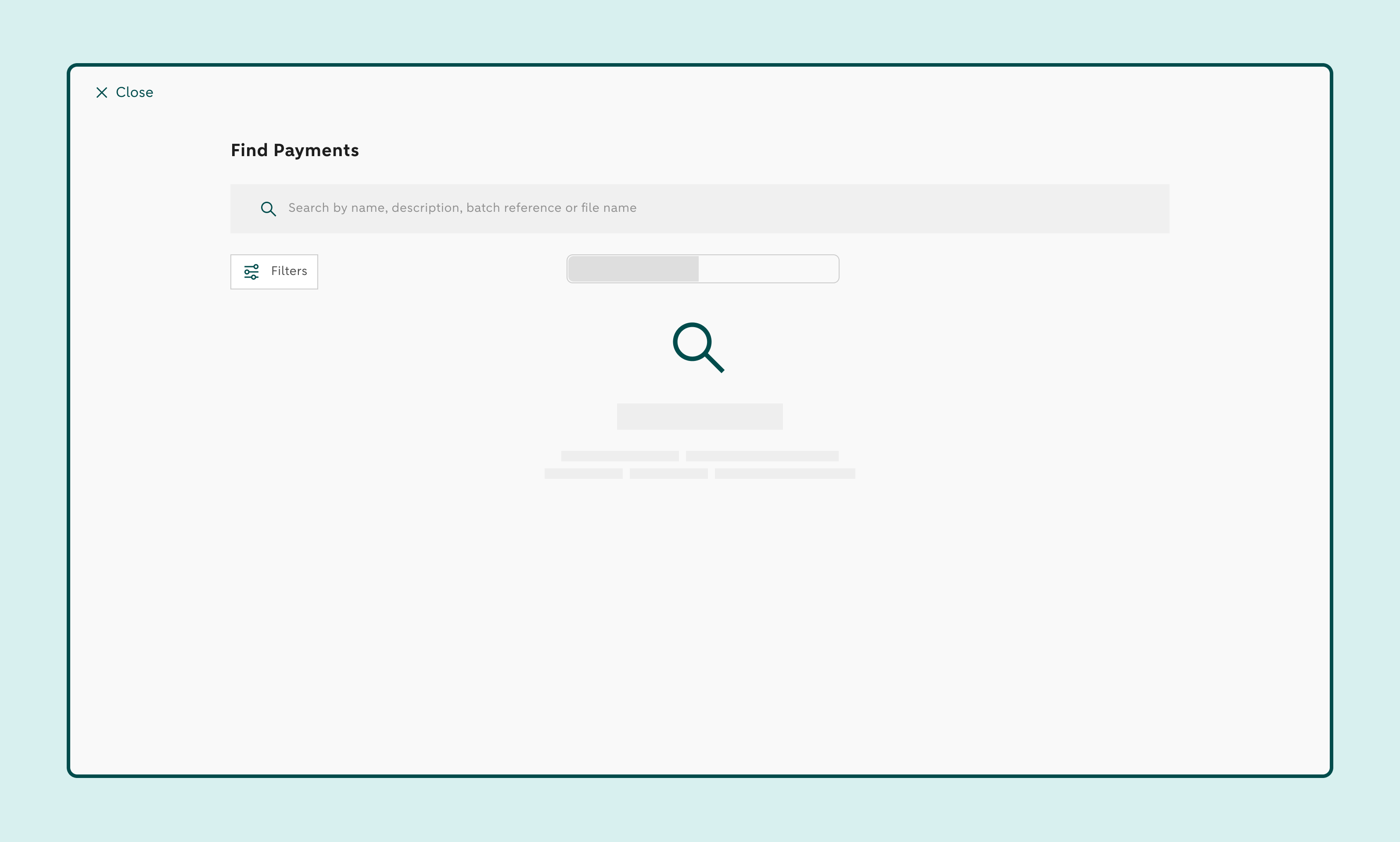 Find Payments screen with a search field to find payments by name, description, batch reference or file name.