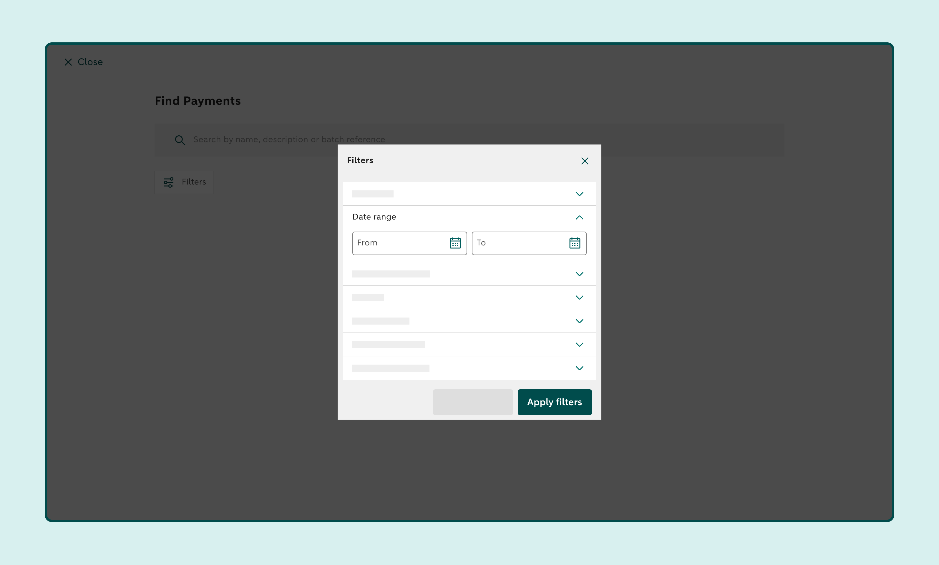 Find Payments filter panel with filtering options such as date range.