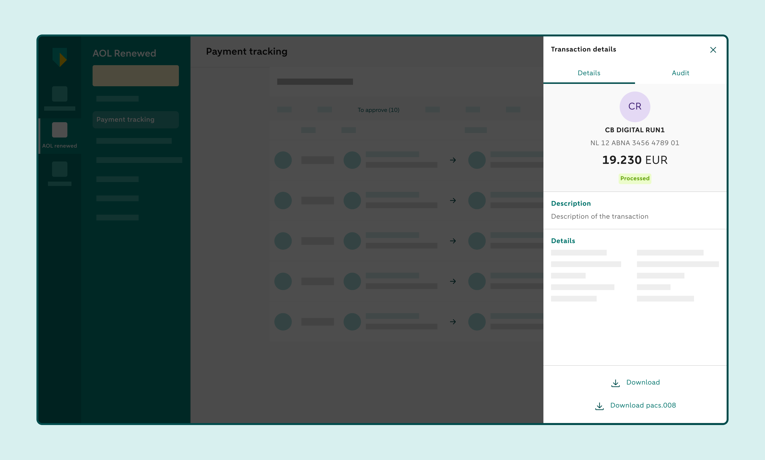 Transaction details of a non-SEPA credit transfer with the Download pacs.008 button.