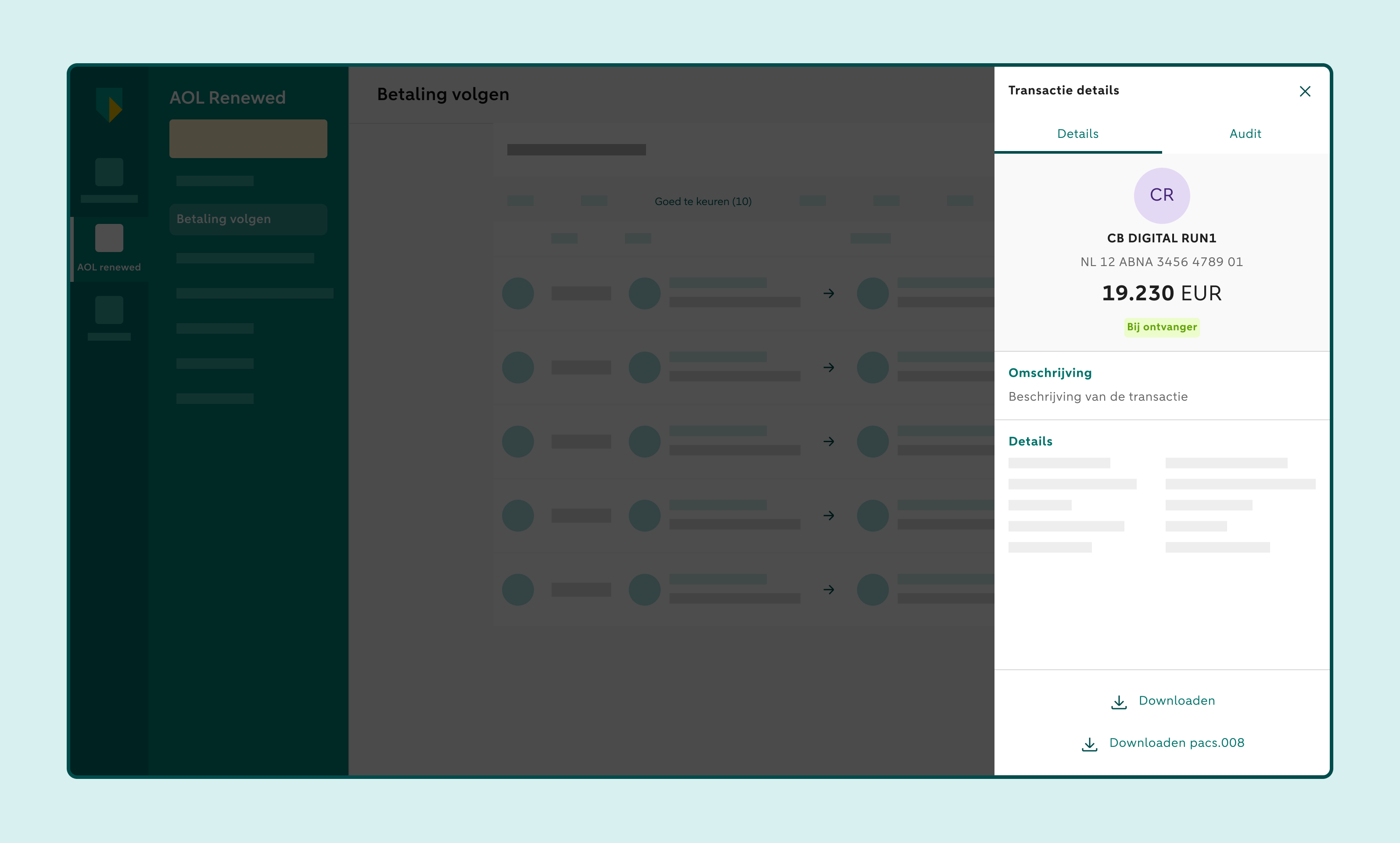 Transactiedetails van een niet-SEPA-overboeking met de knop Downloaden pacs.008.