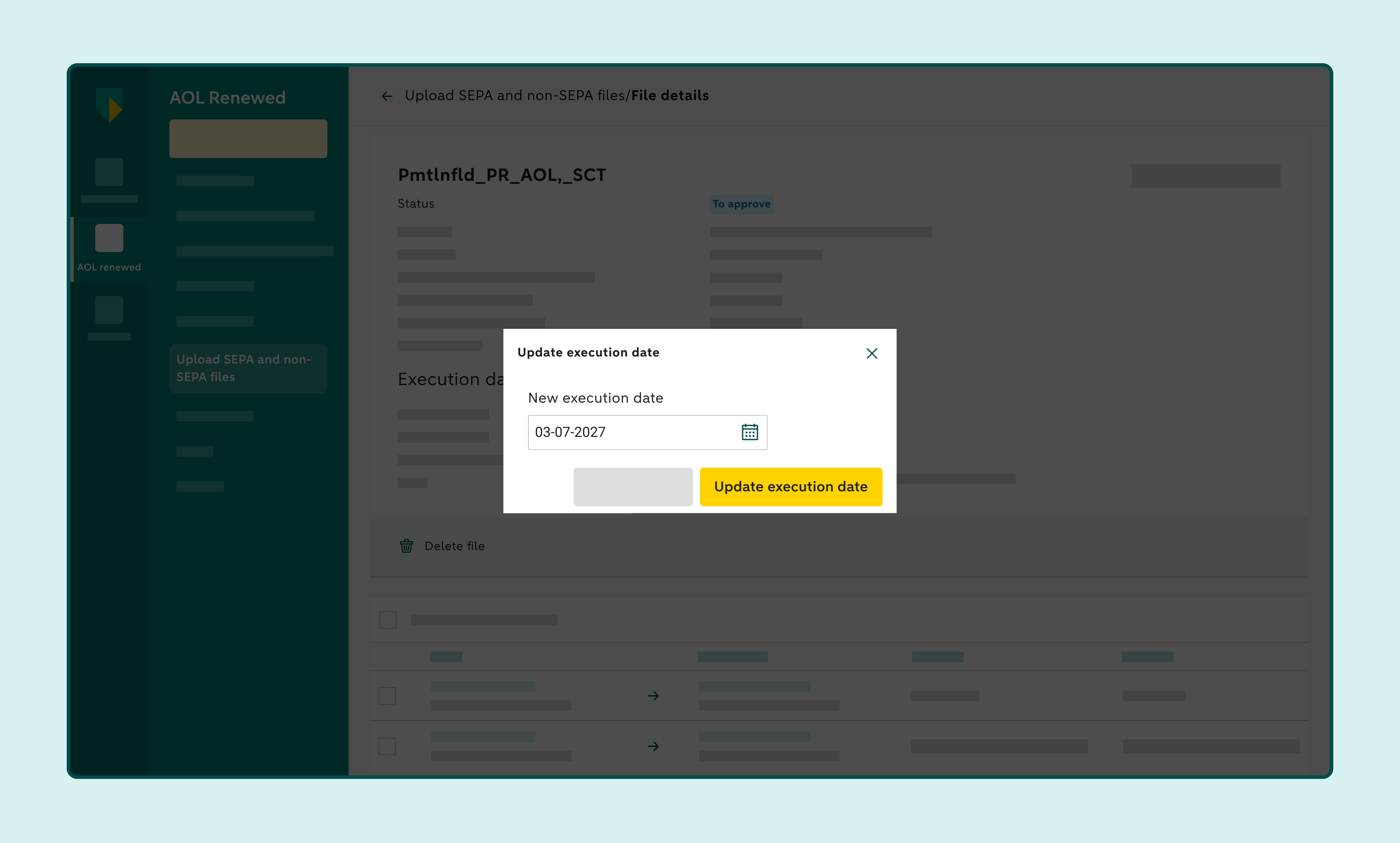 Window for changing the execution date of a payment file.