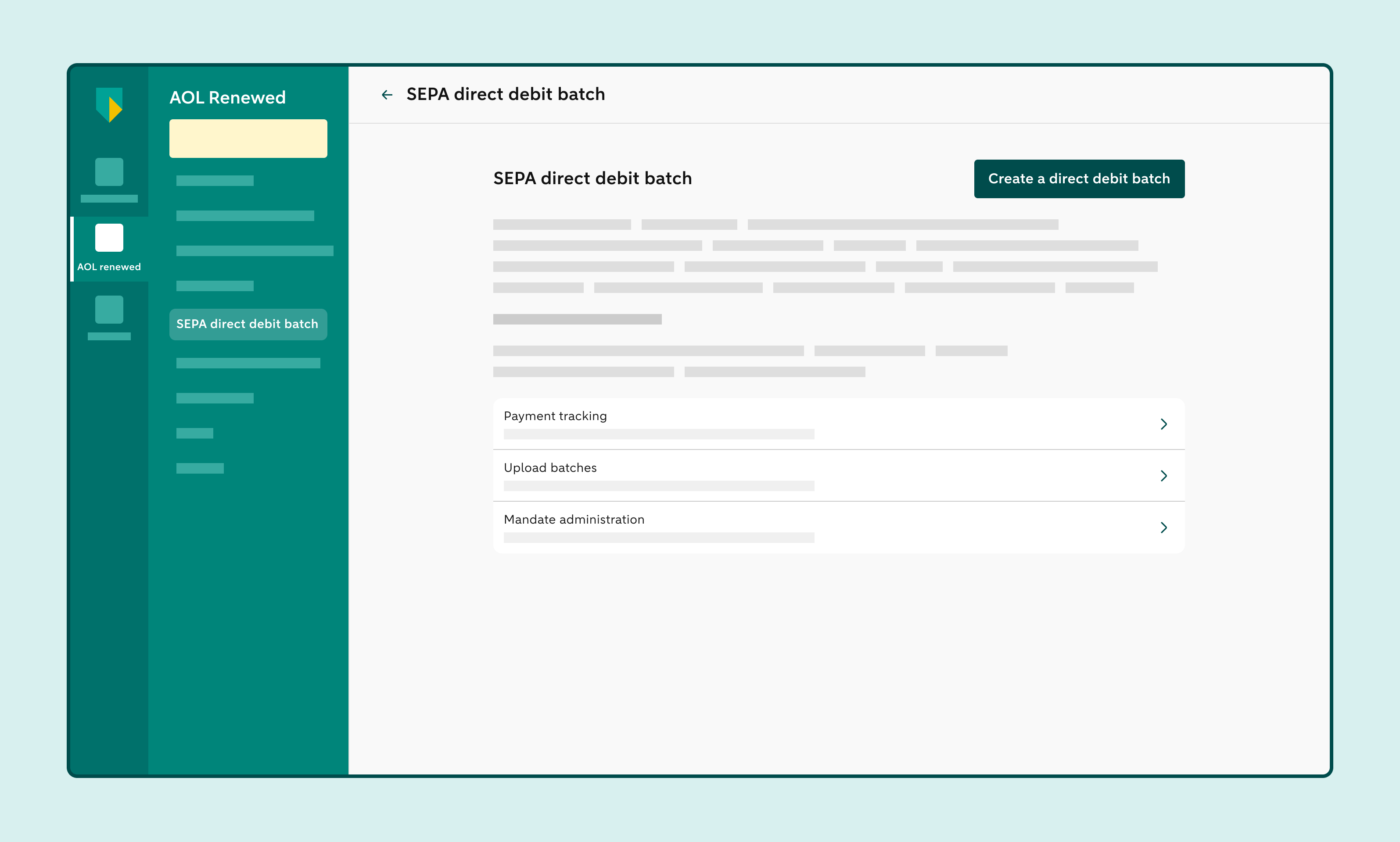 SEPA direct debit batch screen with the options Create direct debit batch, Payment tracking, Upload batches and Mandate Administration.