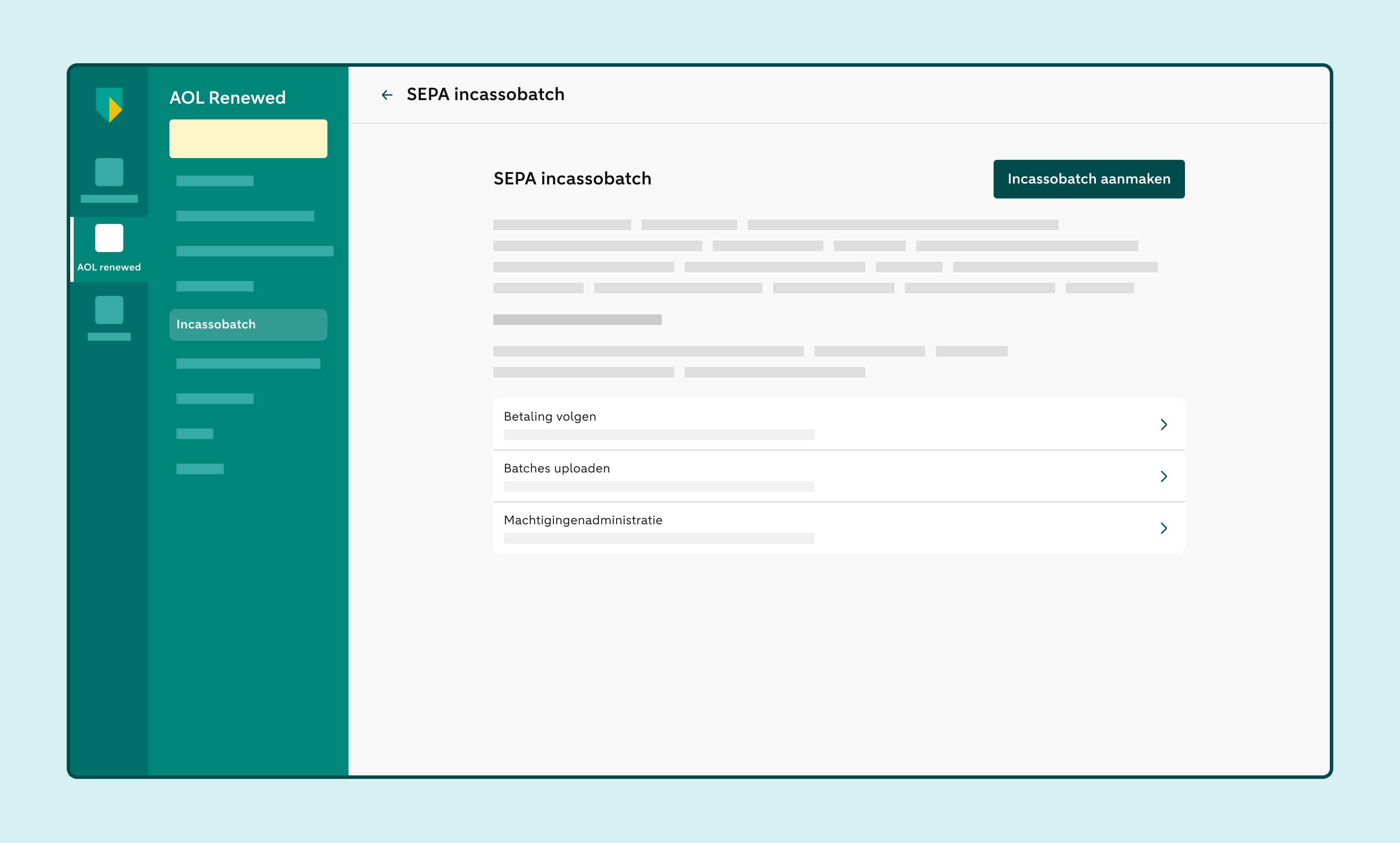 Scherm SEPA incassobatch met de opties Incassobatch aanmaken, Betaling volgen, Batches uploaden en Machtigingenadministratie.