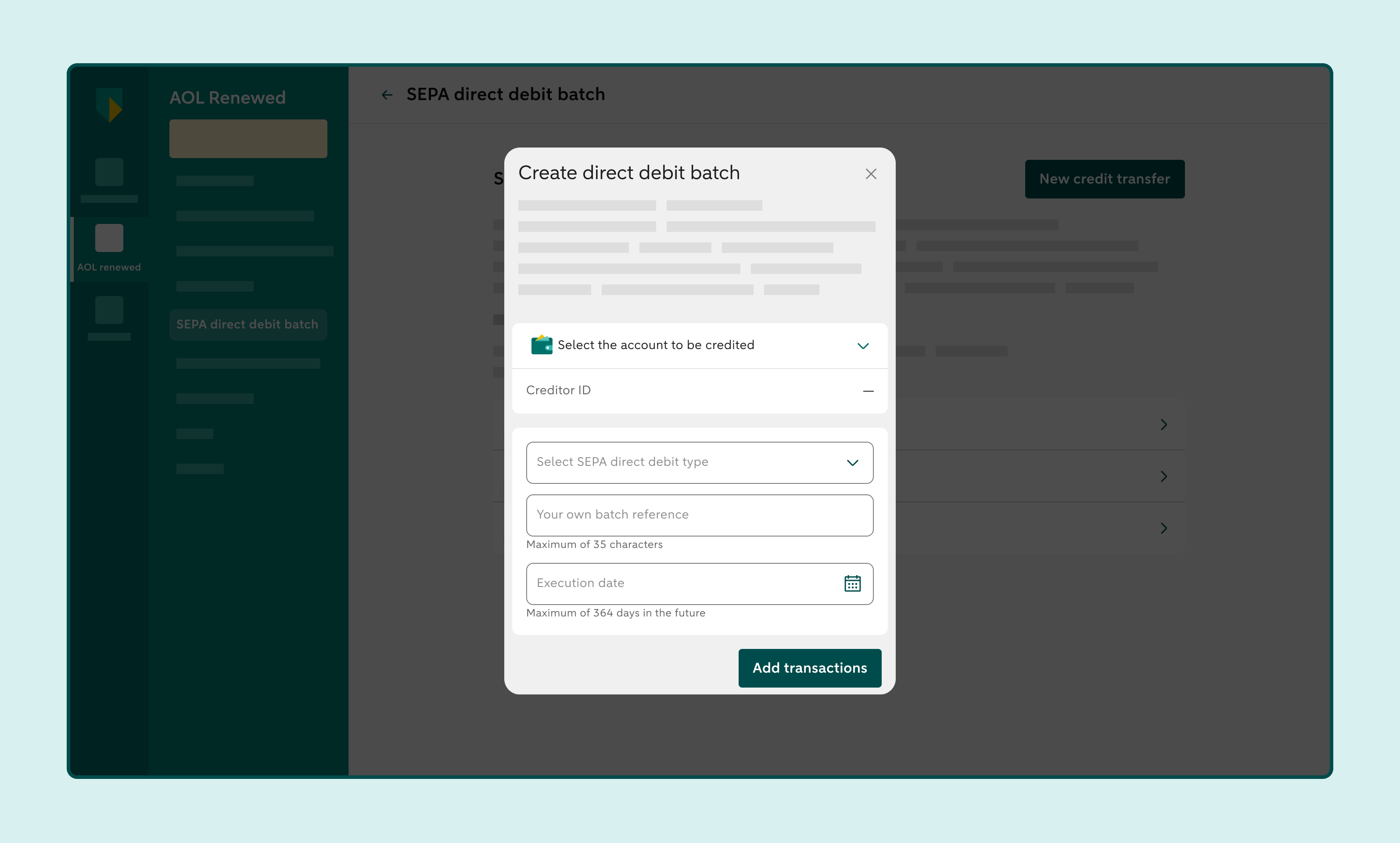 Screen for adding or editing a transaction showing transaction details, mandate information and an overview of saved mandates.