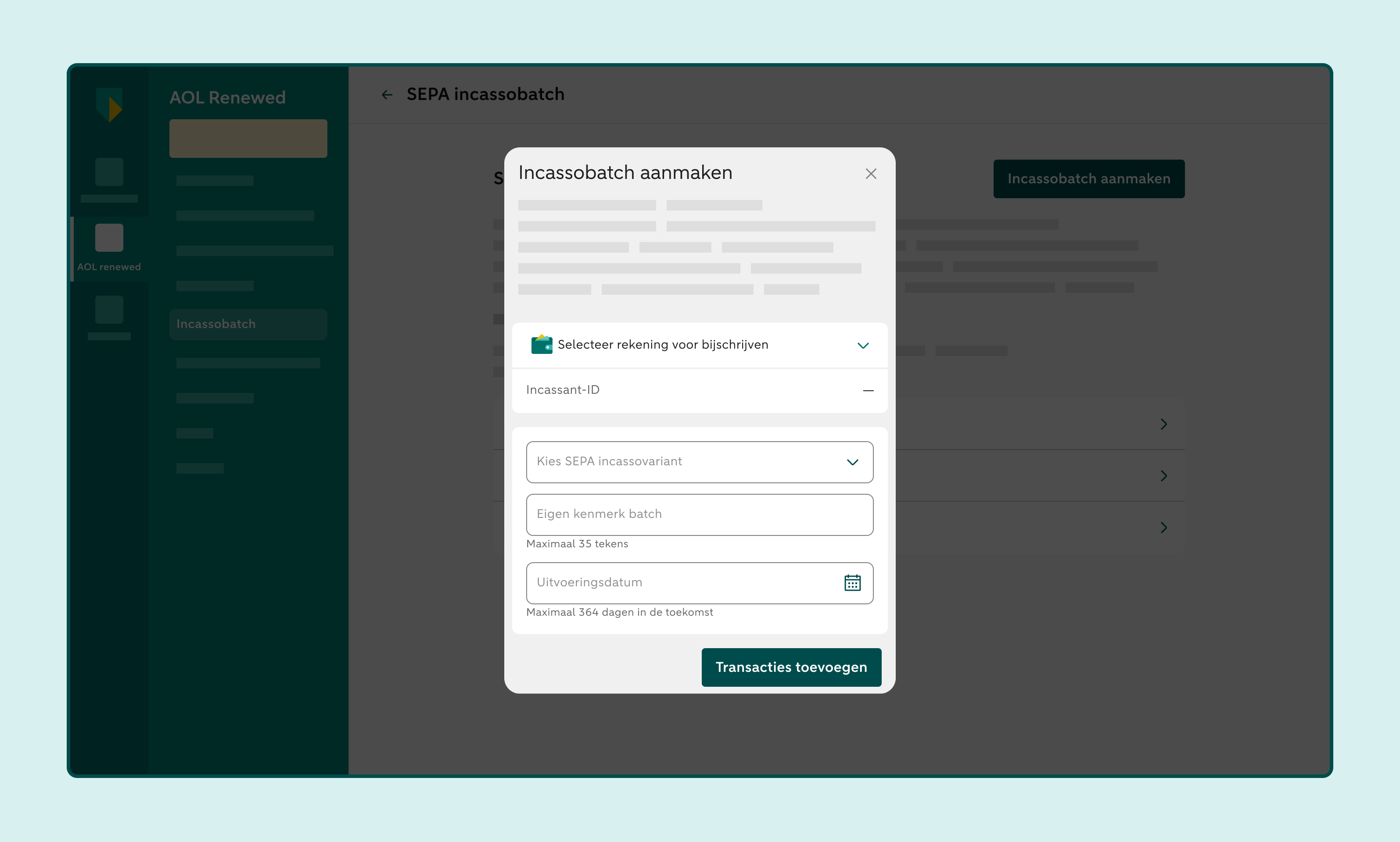 Scherm Incassobatch aanmaken met velden voor batchgegevens, zoals rekening, incassovariant, kenmerk batch en uitvoeringsdatum.