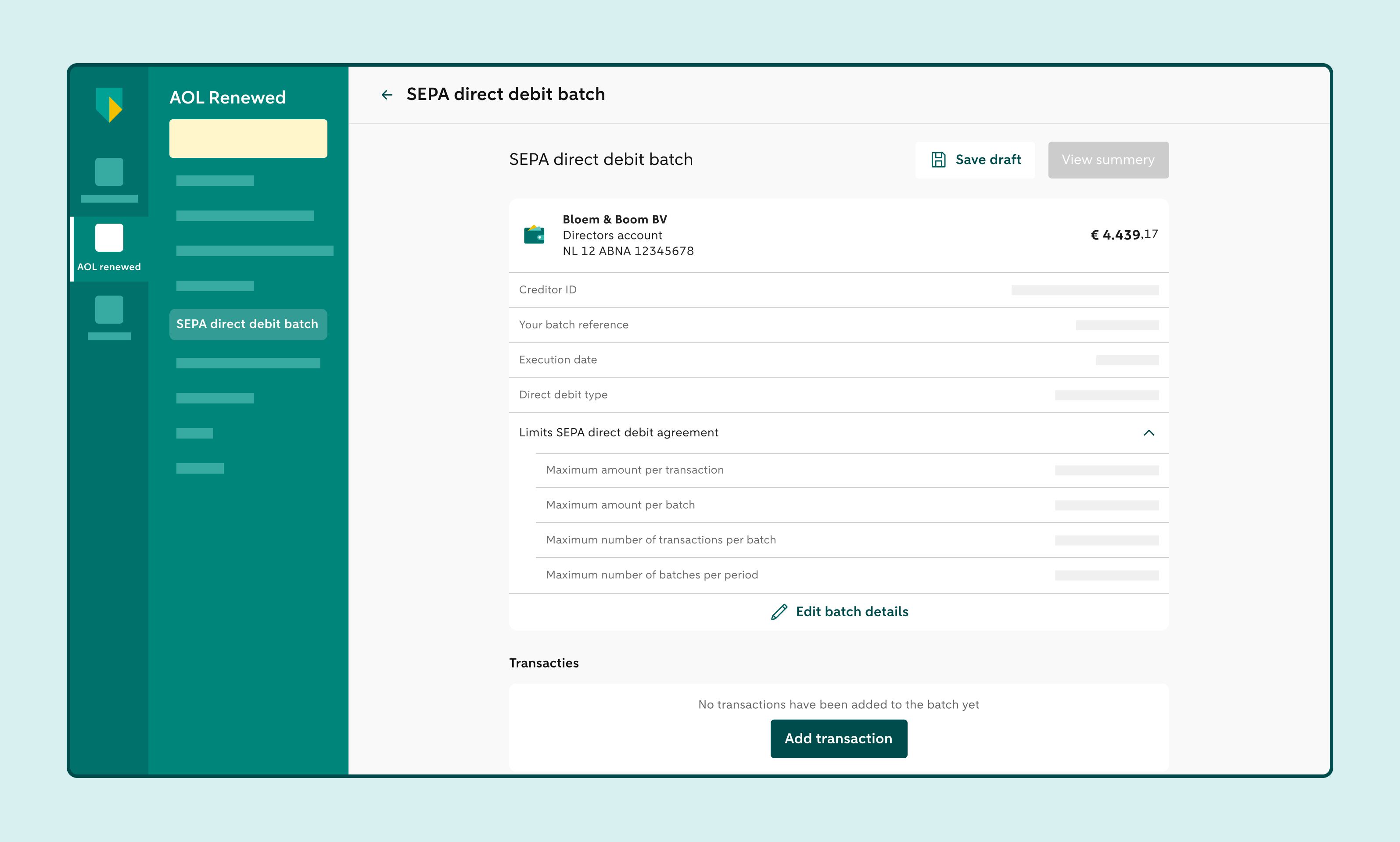 SEPA direct debit batch overview showing batch details, agreement limits and options to edit batch details or view the summary.