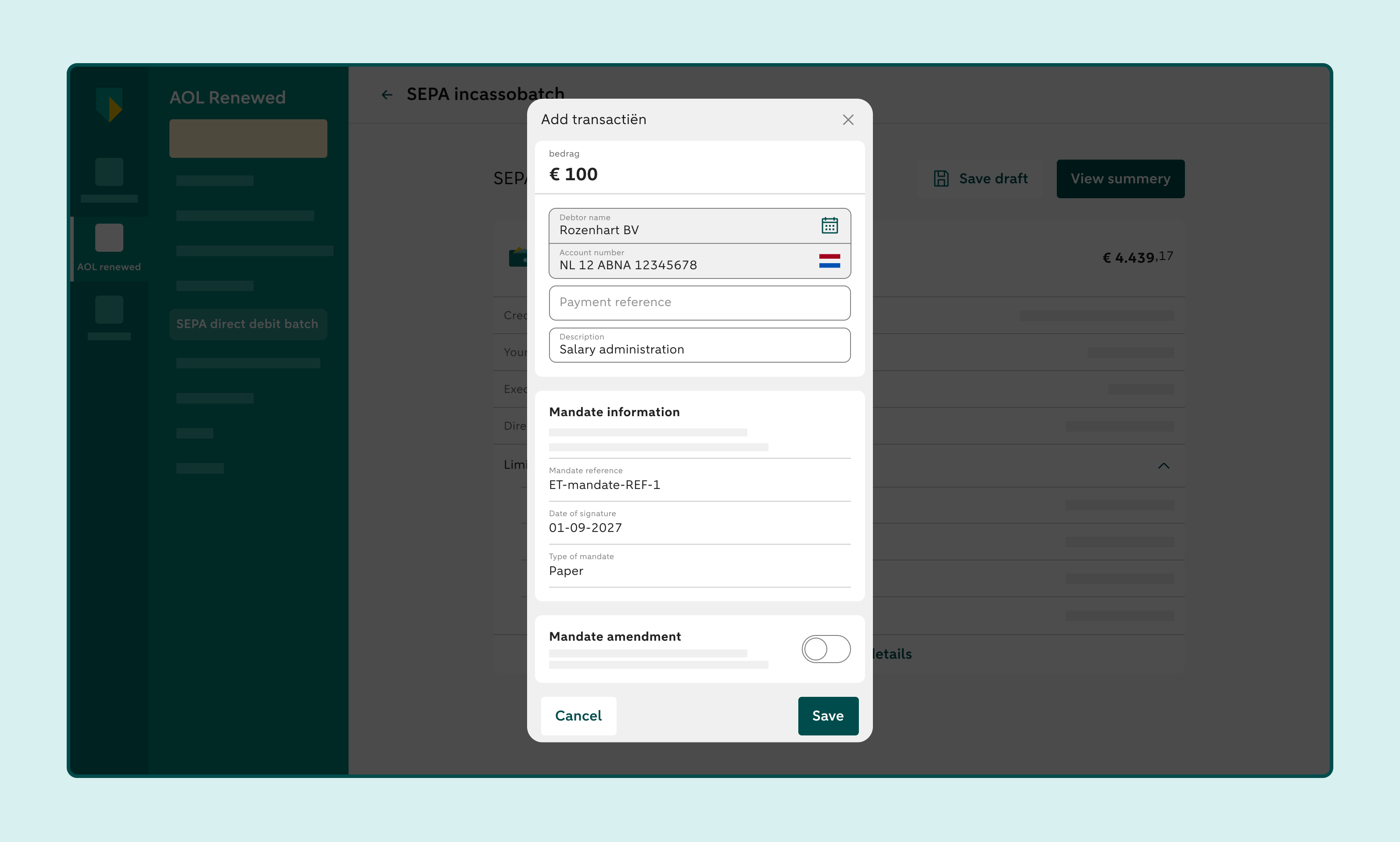 Screen for adding or editing a transaction showing transaction details and mandate information.