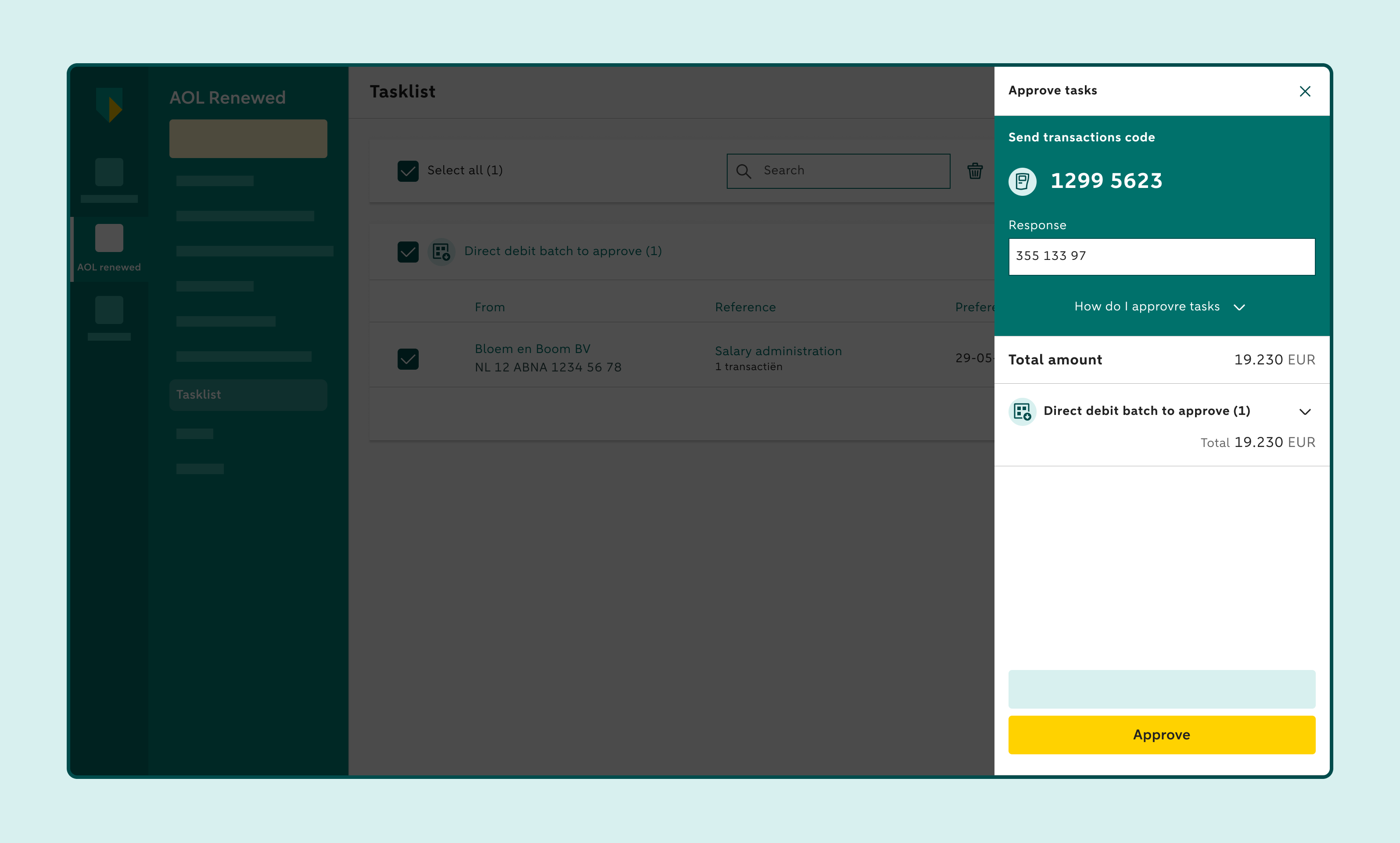 Task approval screen showing a selected direct debit batch, response code and the Approve button.