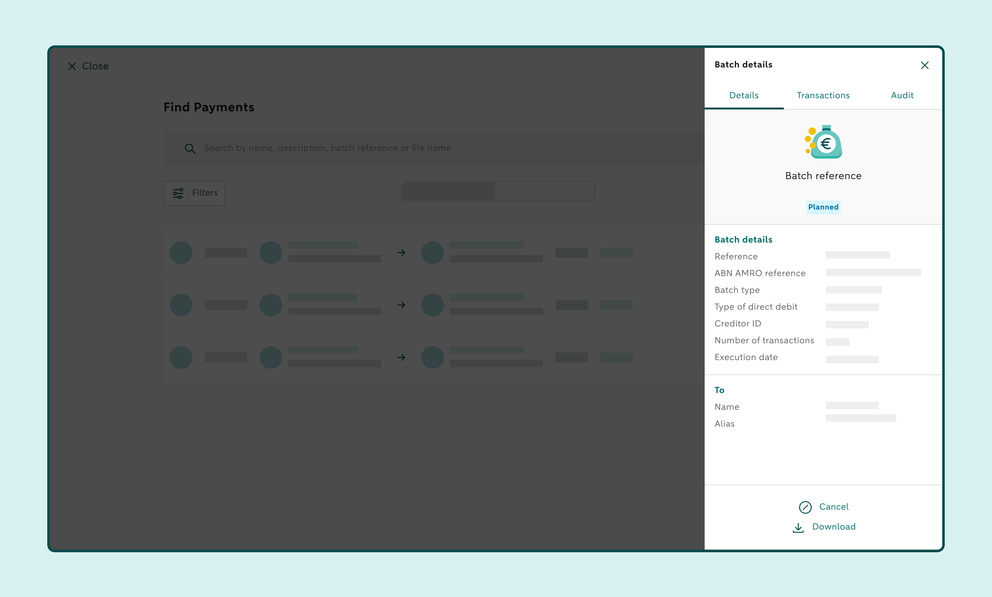 Payment tracking screen with a selected batch and a right-hand panel showing batch details and available actions, such as Download.