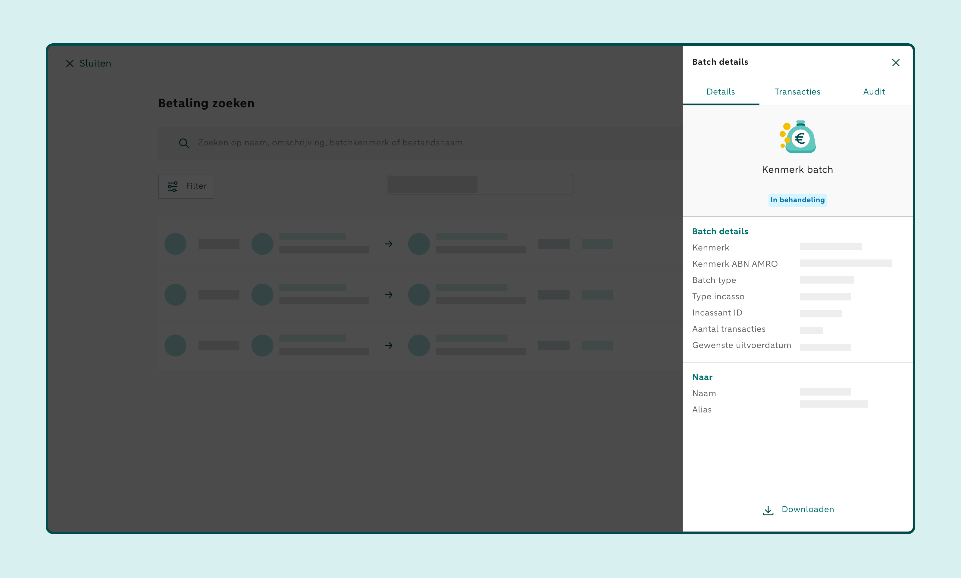 Scherm Betaling volgen met een geselecteerde batch en een rechterpaneel met batchdetails en beschikbare acties, zoals Downloaden.