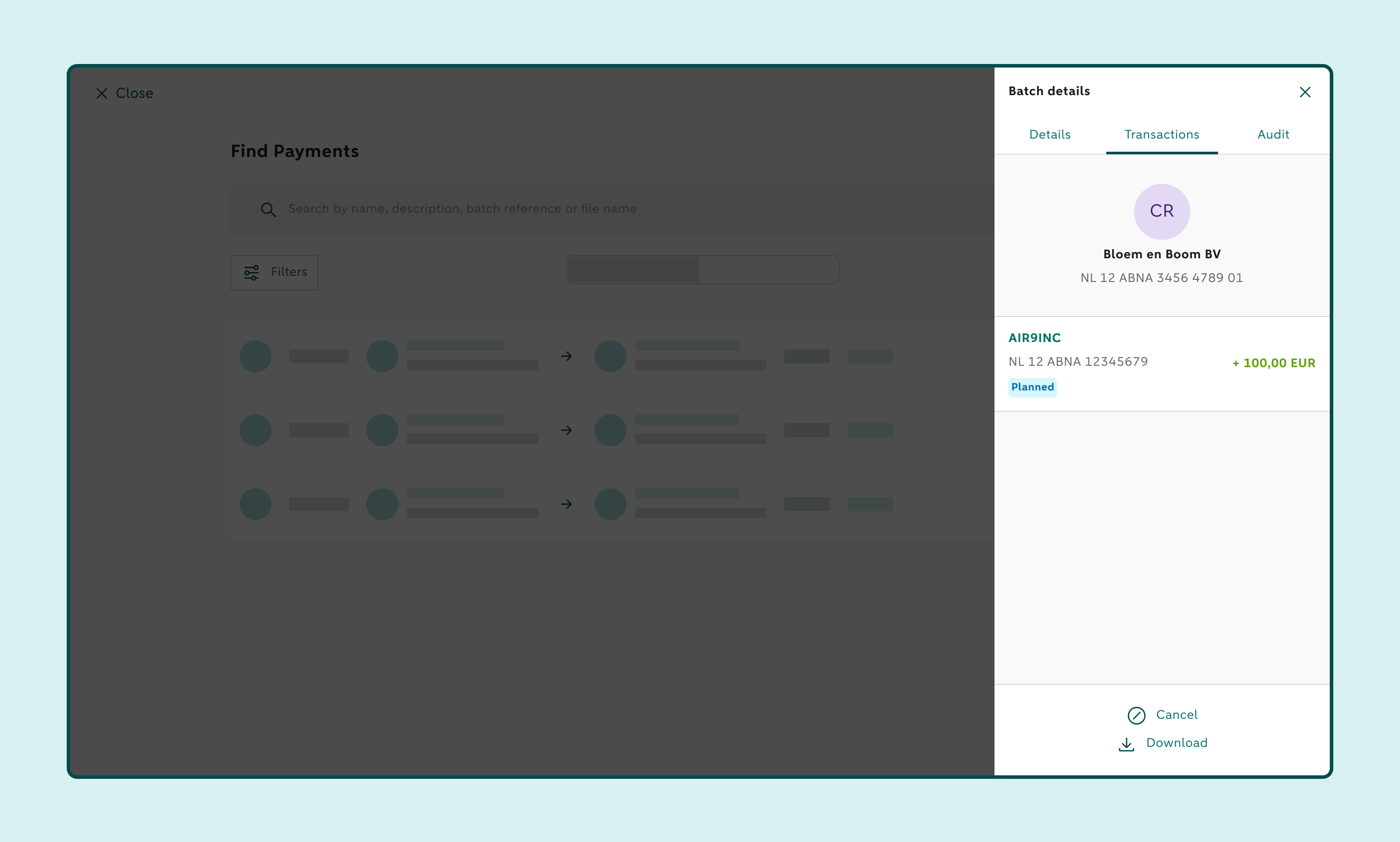 Payment tracking screen with a selected batch and a right-hand panel showing batch details.