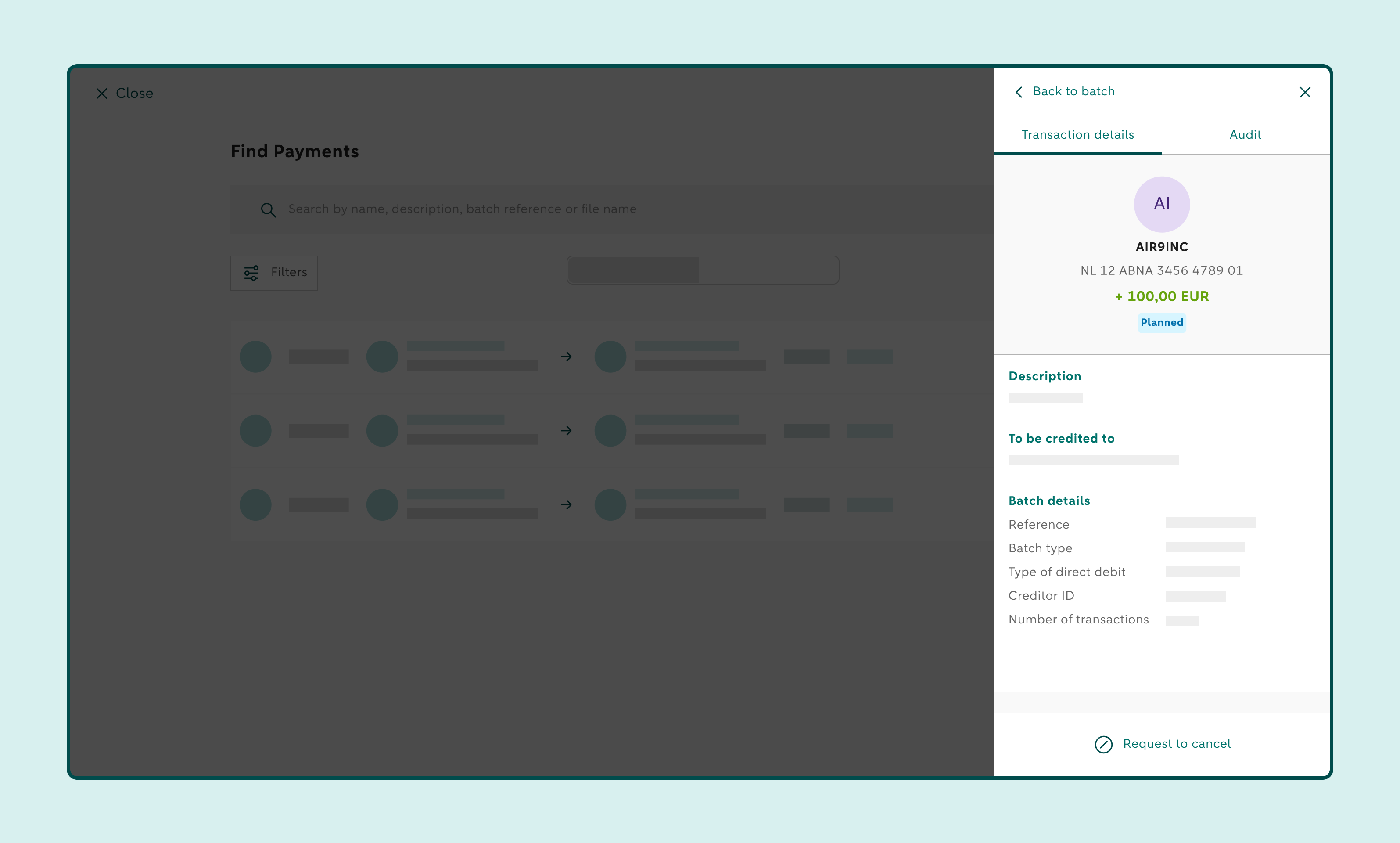 Payment tracking screen with a selected batch and a right-hand panel showing batch details.