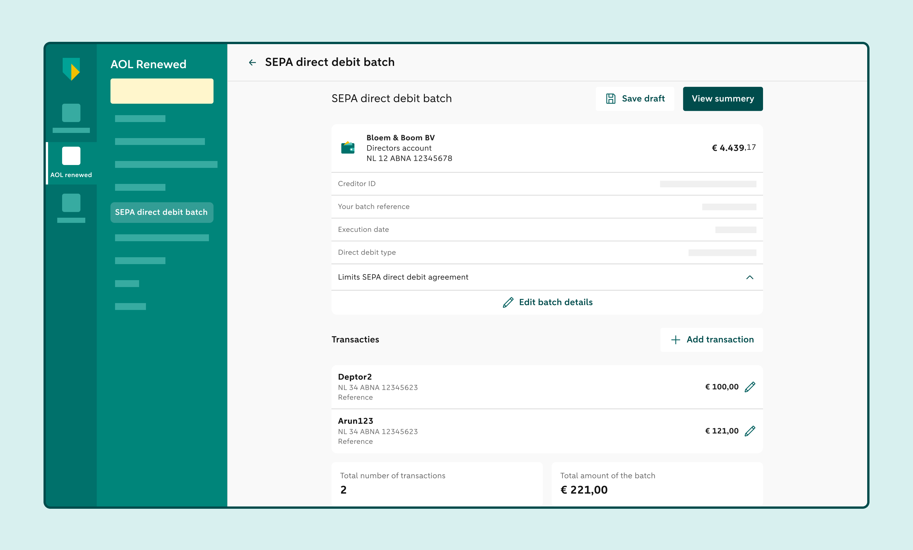 SEPA direct debit batch overview showing transactions, batch totals and options to add or edit transactions.