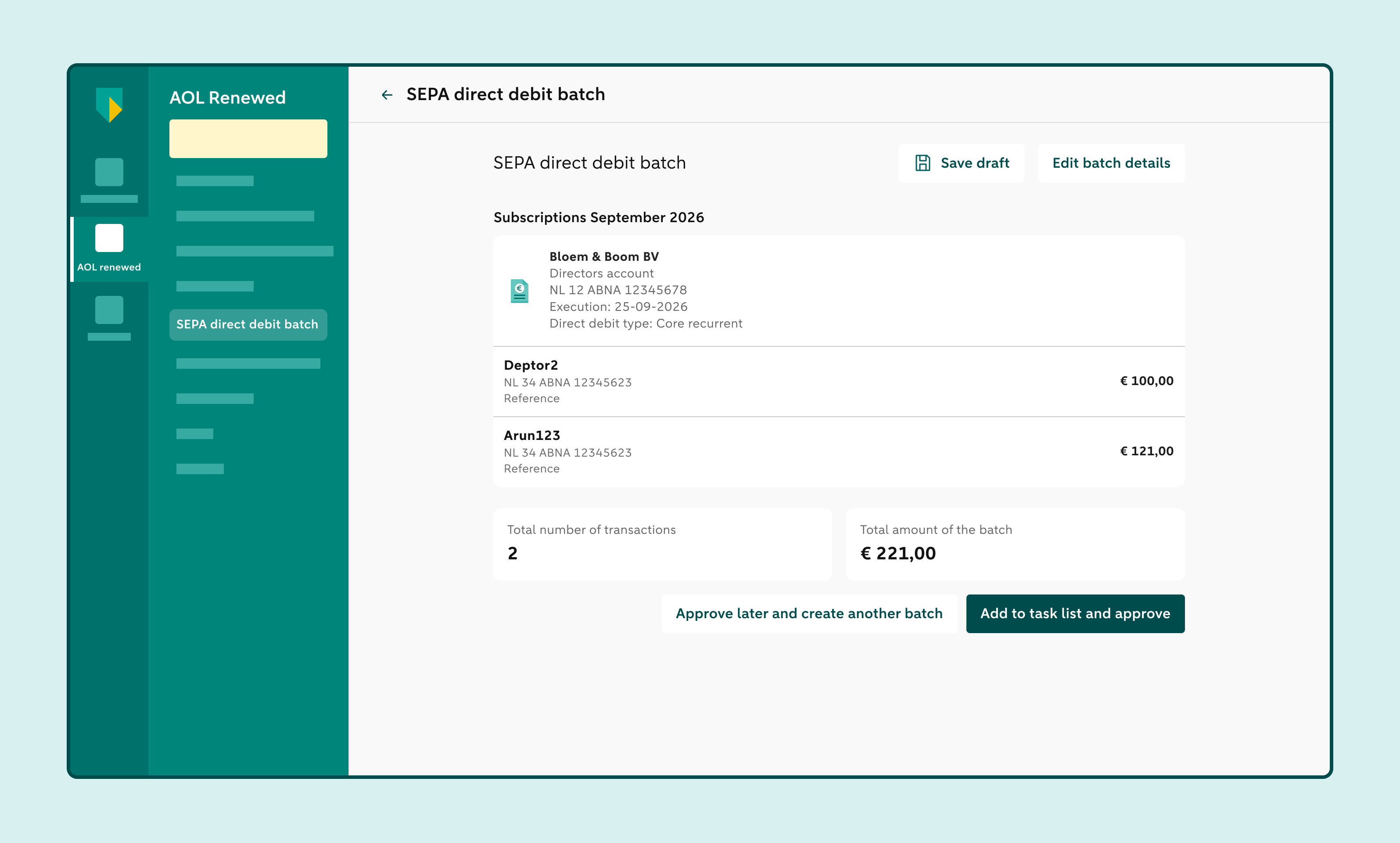 Summary of a SEPA direct debit batch showing transactions, batch totals and options to approve the batch now or later.