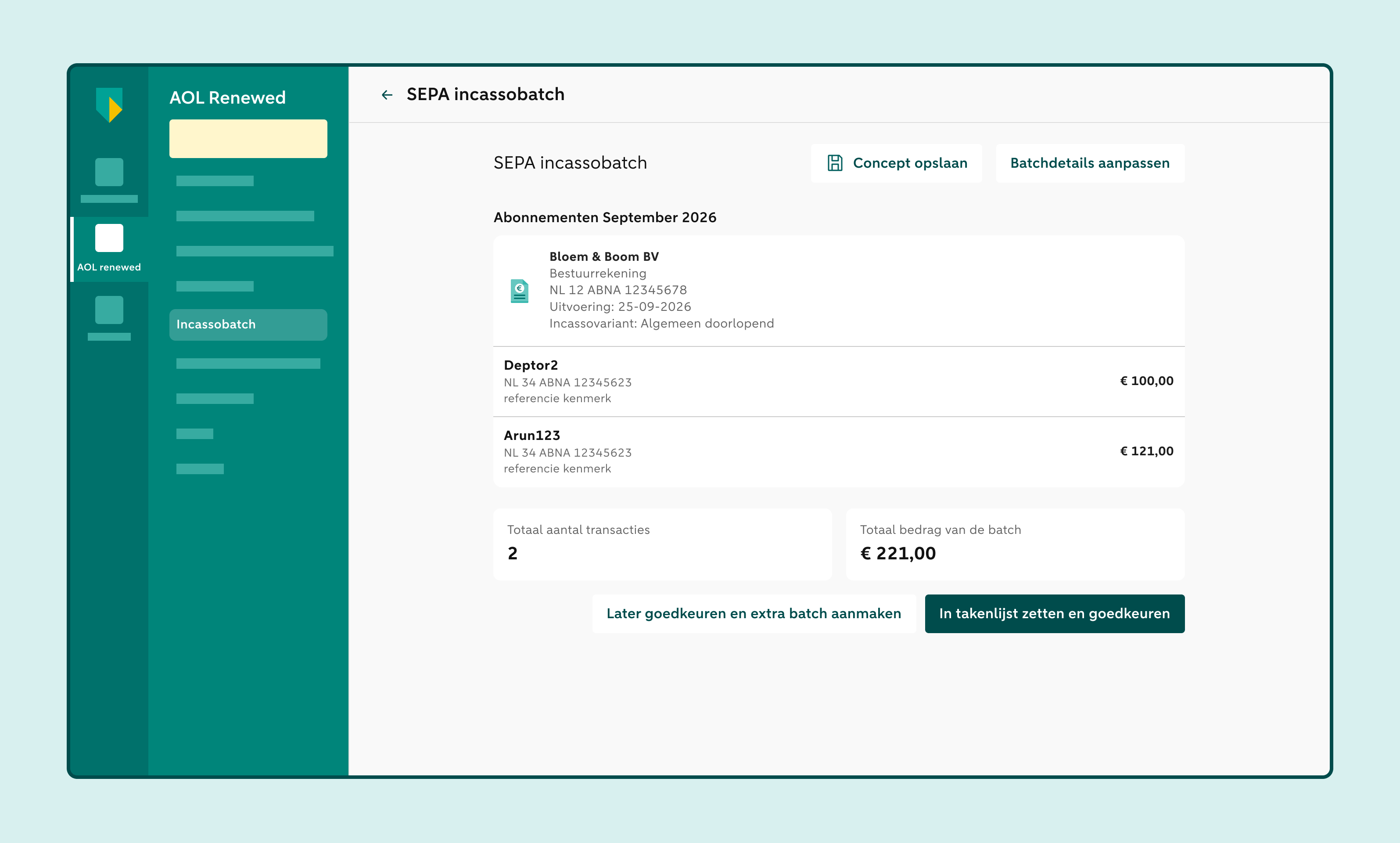 Samenvatting van een SEPA incassobatch met transacties, batchtotalen en opties om de batch later of direct goed te keuren.