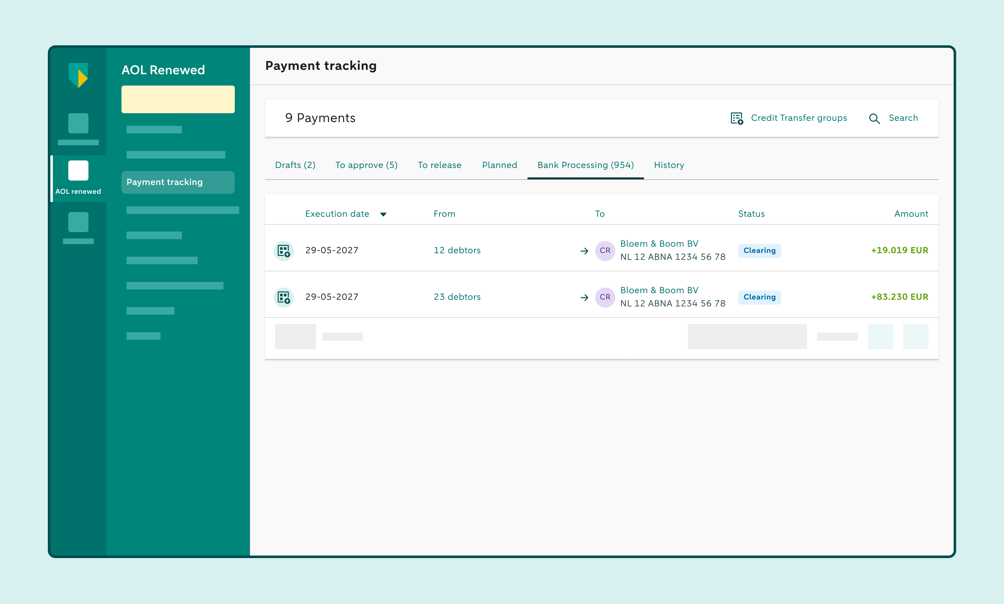 Payment tracking screen with a the Bank processing tab and the Planned tab.