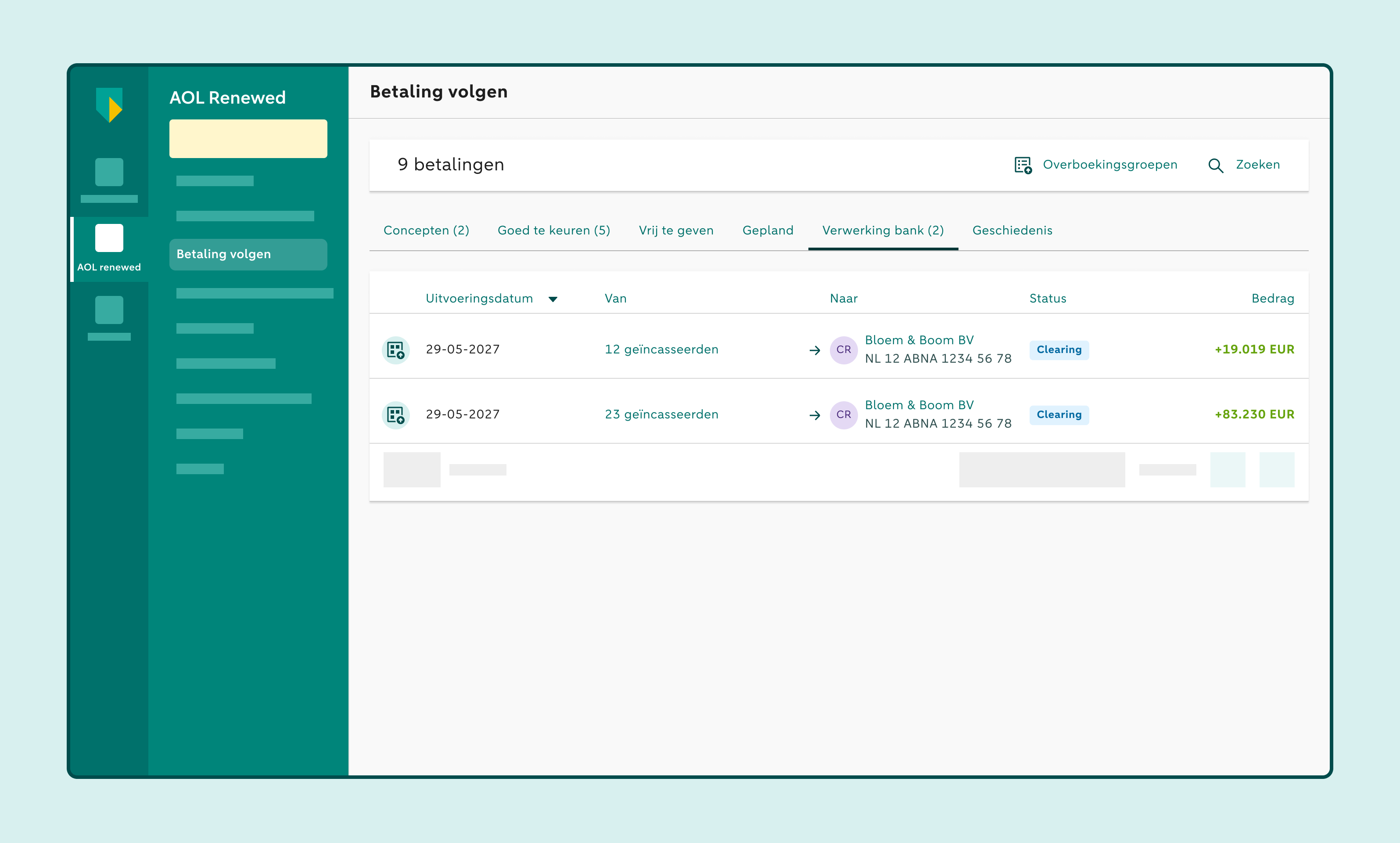 Scherm Betaling volgen met de tabbladen Verwerking bank en Gepland.