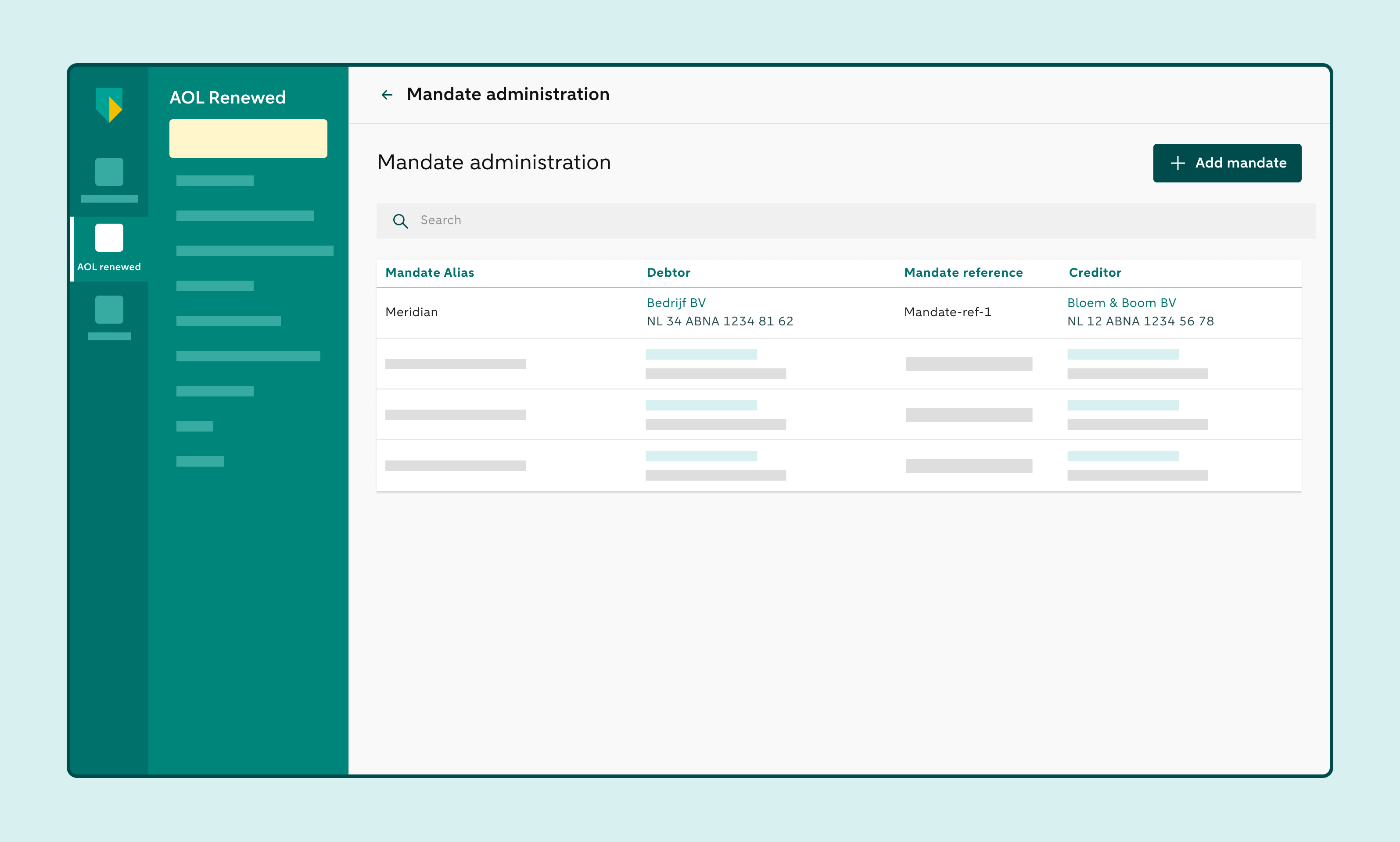 Overview of the Mandate administration showing saved mandates, a search field and the Add mandate button.