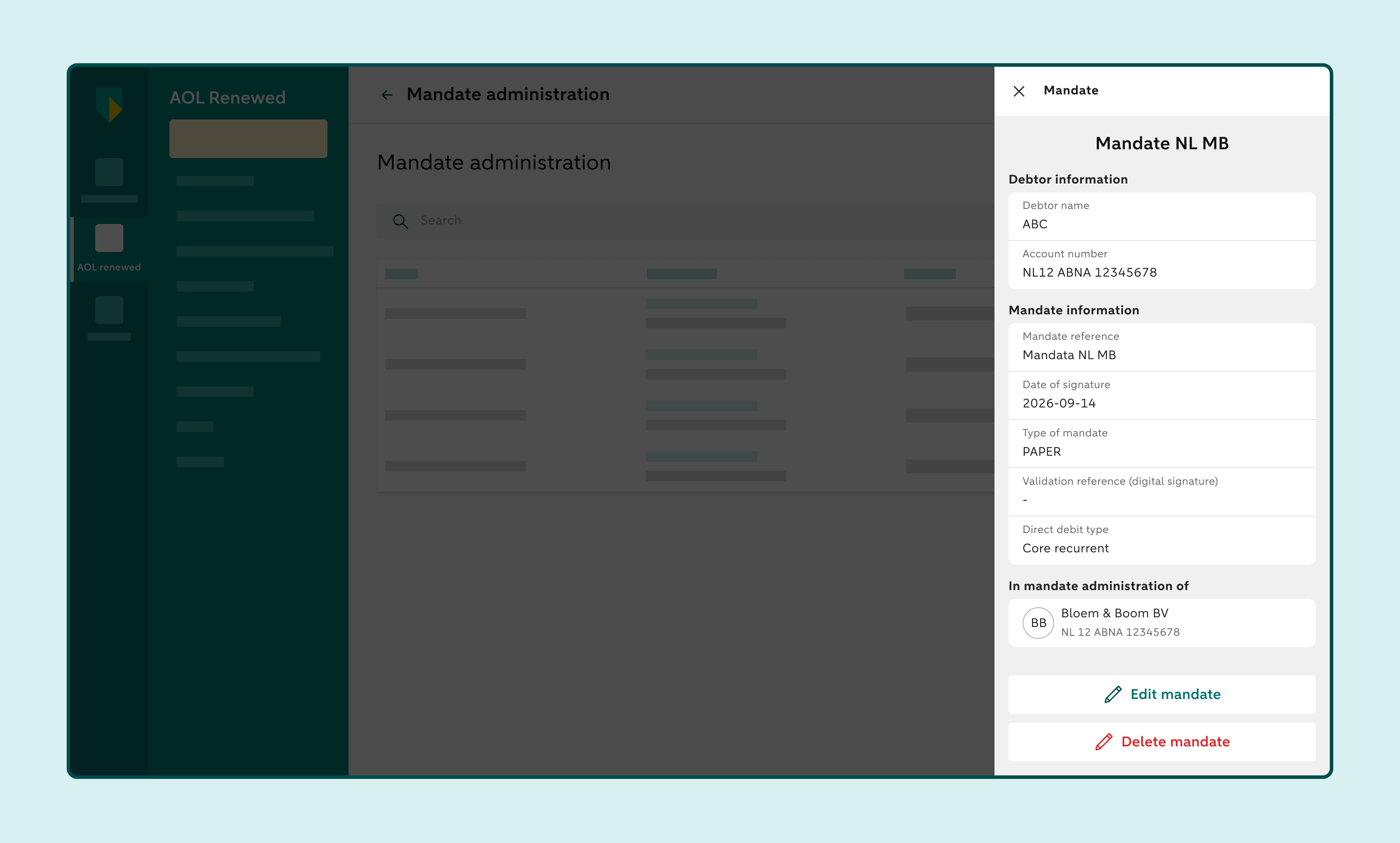 Mandate administration overview with a selected mandate and a right-hand panel showing mandate details and management options.