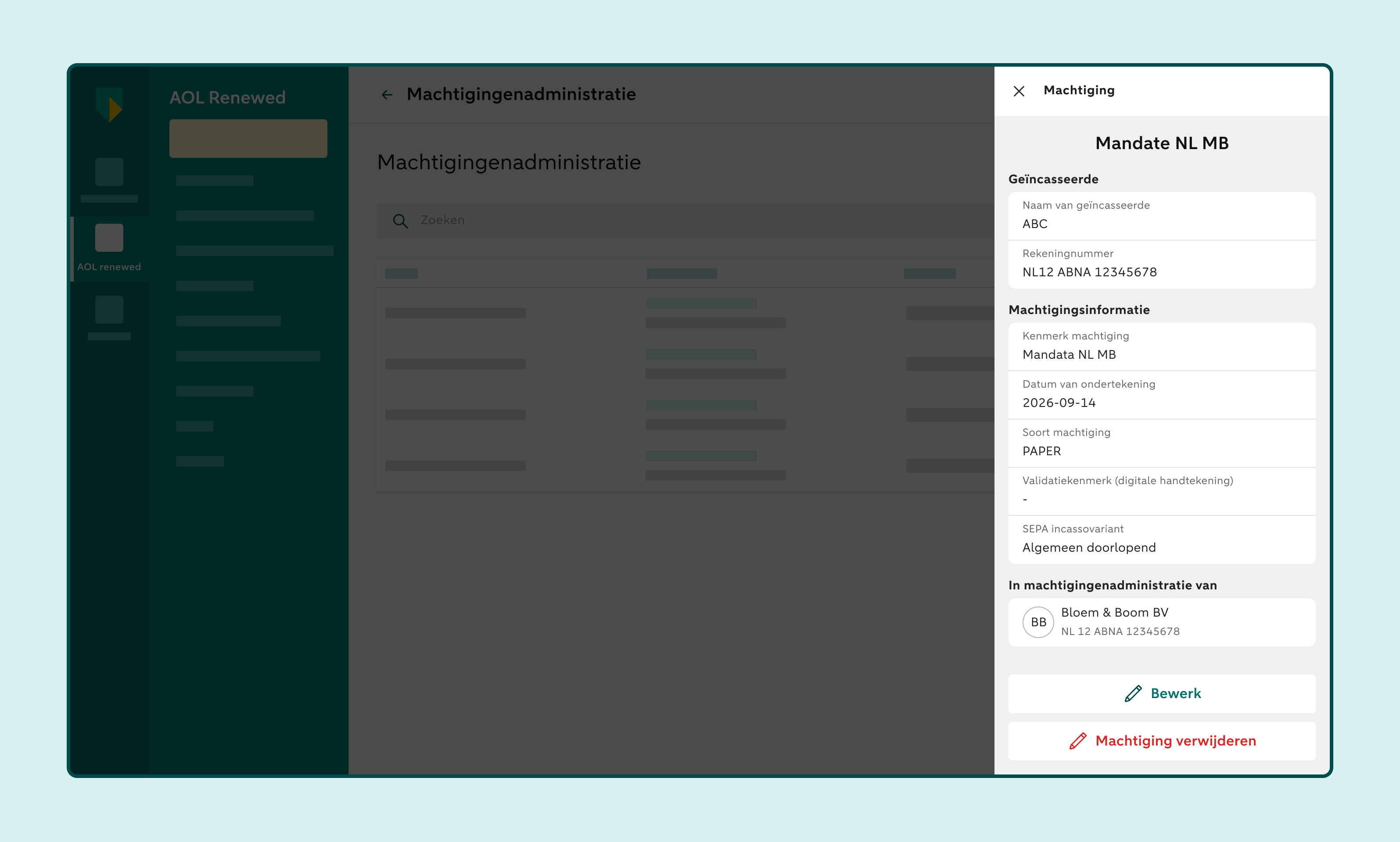 Overzicht van de Machtigingenadministratie met een geselecteerde machtiging en een rechterpaneel met machtigingsgegevens en beheeropties.