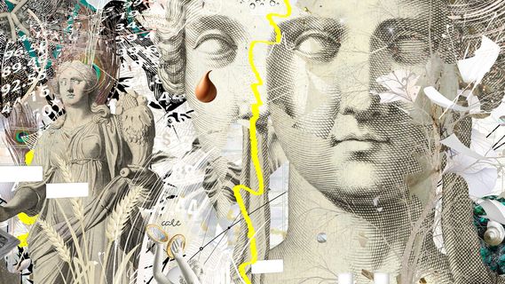 Künstlerische Collage von Bethmann HAL mit antiken Skulpturen, abstrakten Formen, Zahlen, Linienzeichnungen und grafischen Elementen in hellen Beige-, Grau- und Gelbtönen.