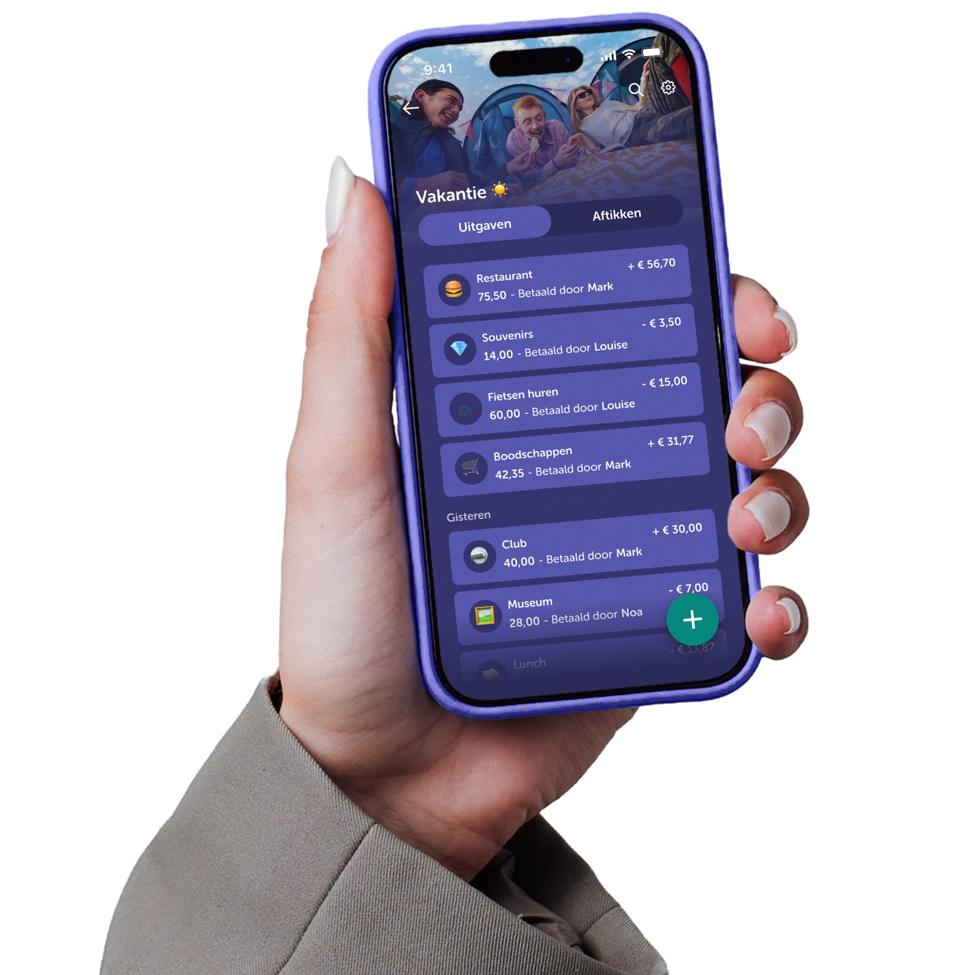 hand met telefoon en groepie in het scherm
