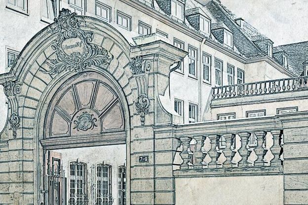 Illustrierte Ansicht des alten Bethmann Hofs, dem ehemaligen Standorts der Bethmann Bank in Frankfurt.